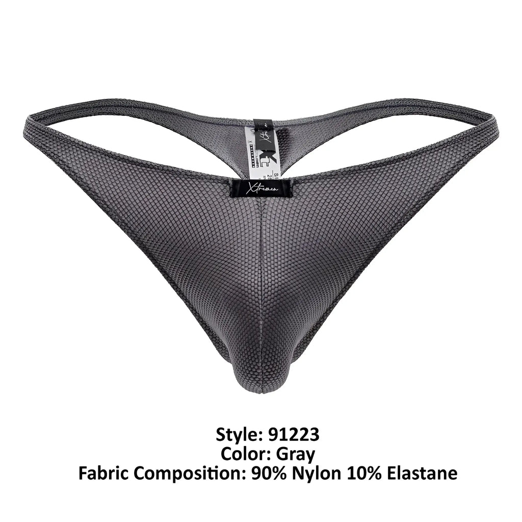 Gray xtremen 91223 microfiber thong with subtle textured mesh pattern and reinforced waistband featuring xtreme label