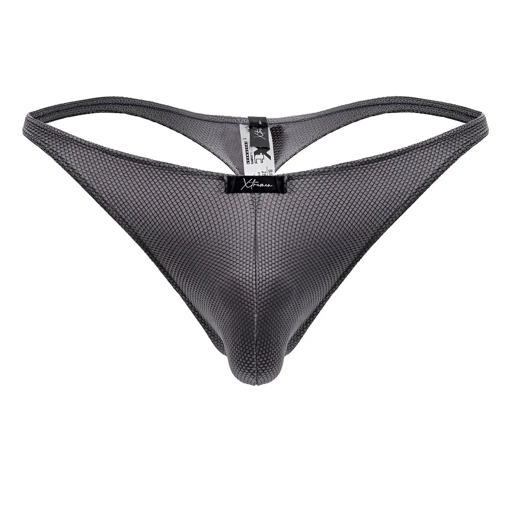 Gray xtremen 91223 microfiber thong with breathable textured mesh fabric and black brand tag at center front