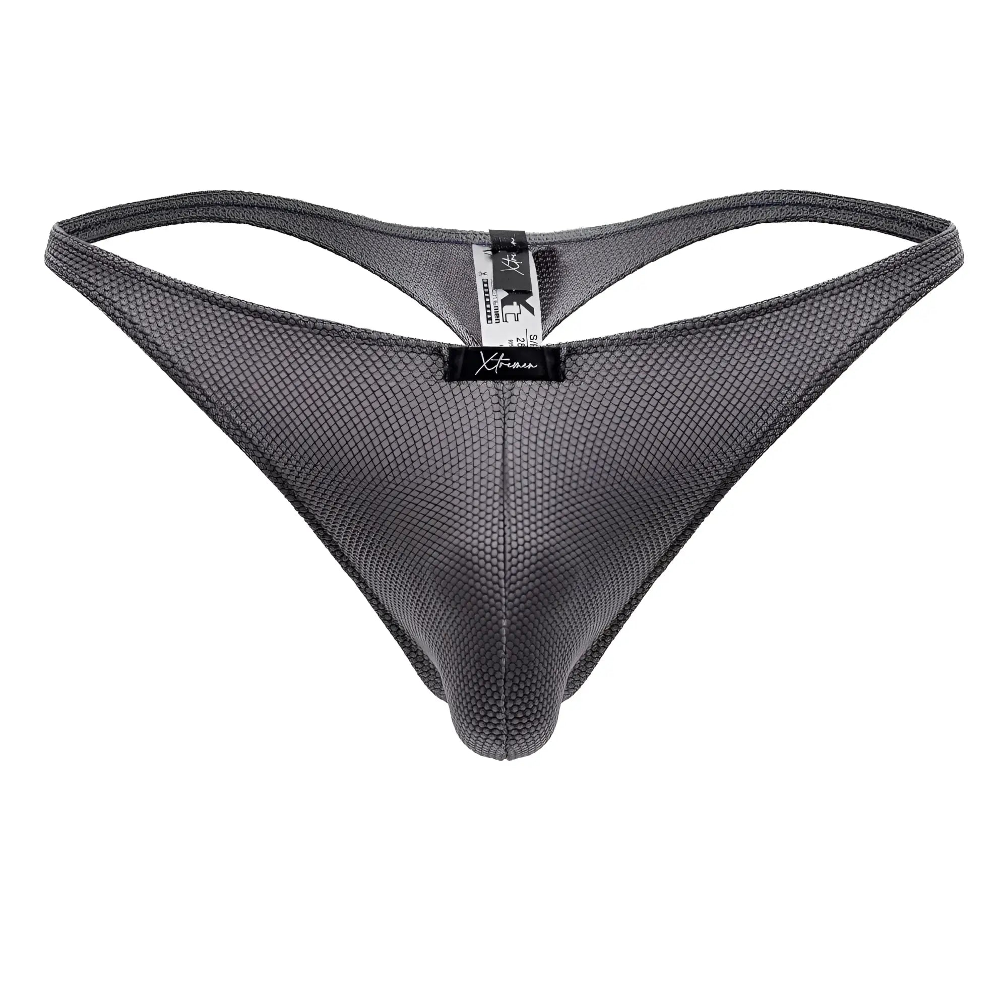 Gray xtremen 91223 microfiber thong with breathable textured mesh fabric and black brand tag at center front