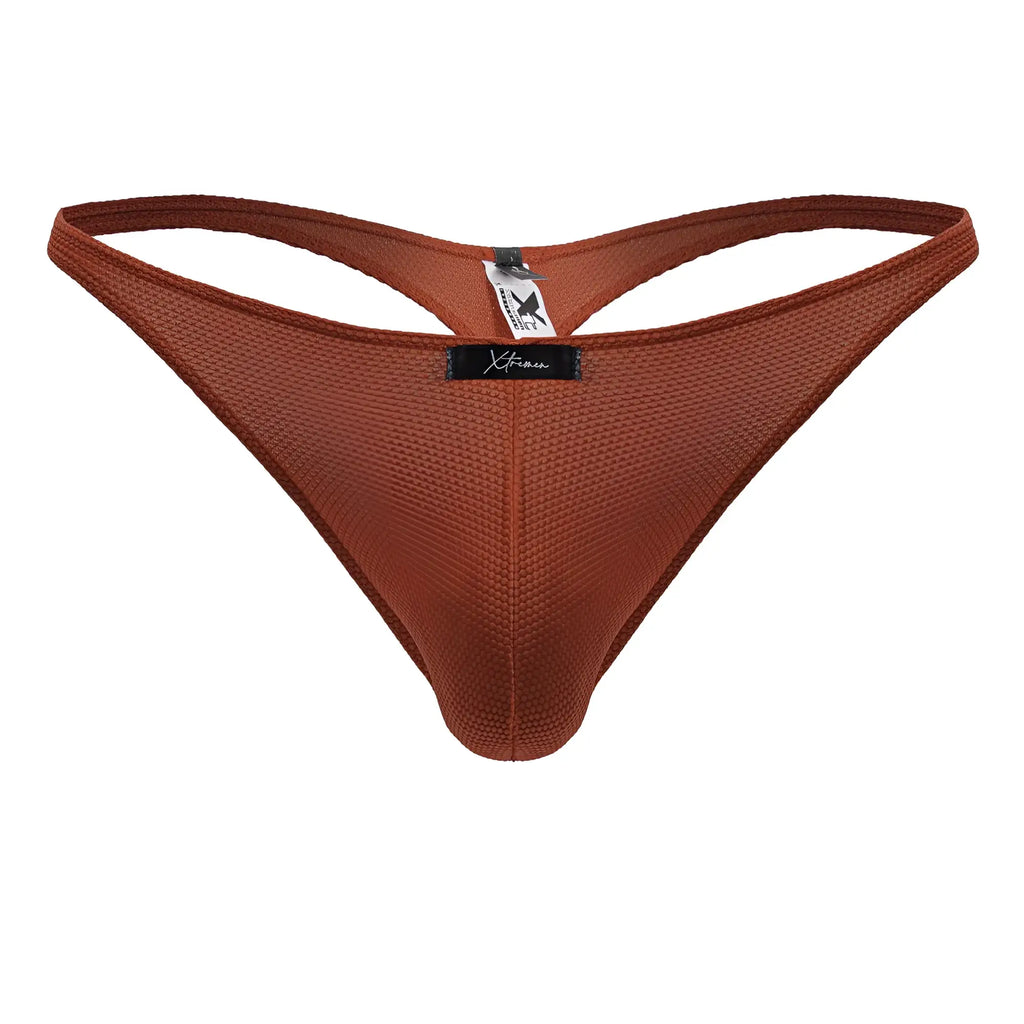 Brown textured mesh microfiber thong with black xtreme brand tag in red xtremen 91223 micro thong design