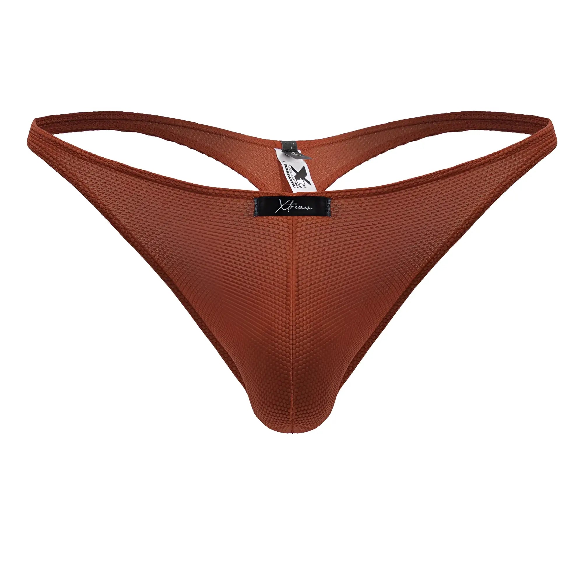 Brown textured mesh microfiber thong with black xtreme brand tag in red xtremen 91223 micro thong design