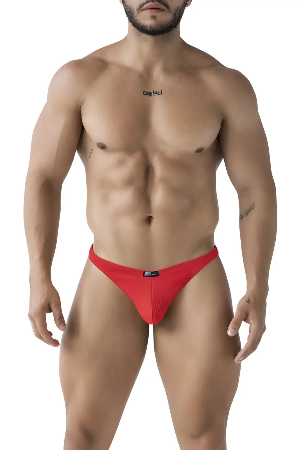 Xtremen 91223 microfiber red mesh briefs with black brand tag at the waistband front view
