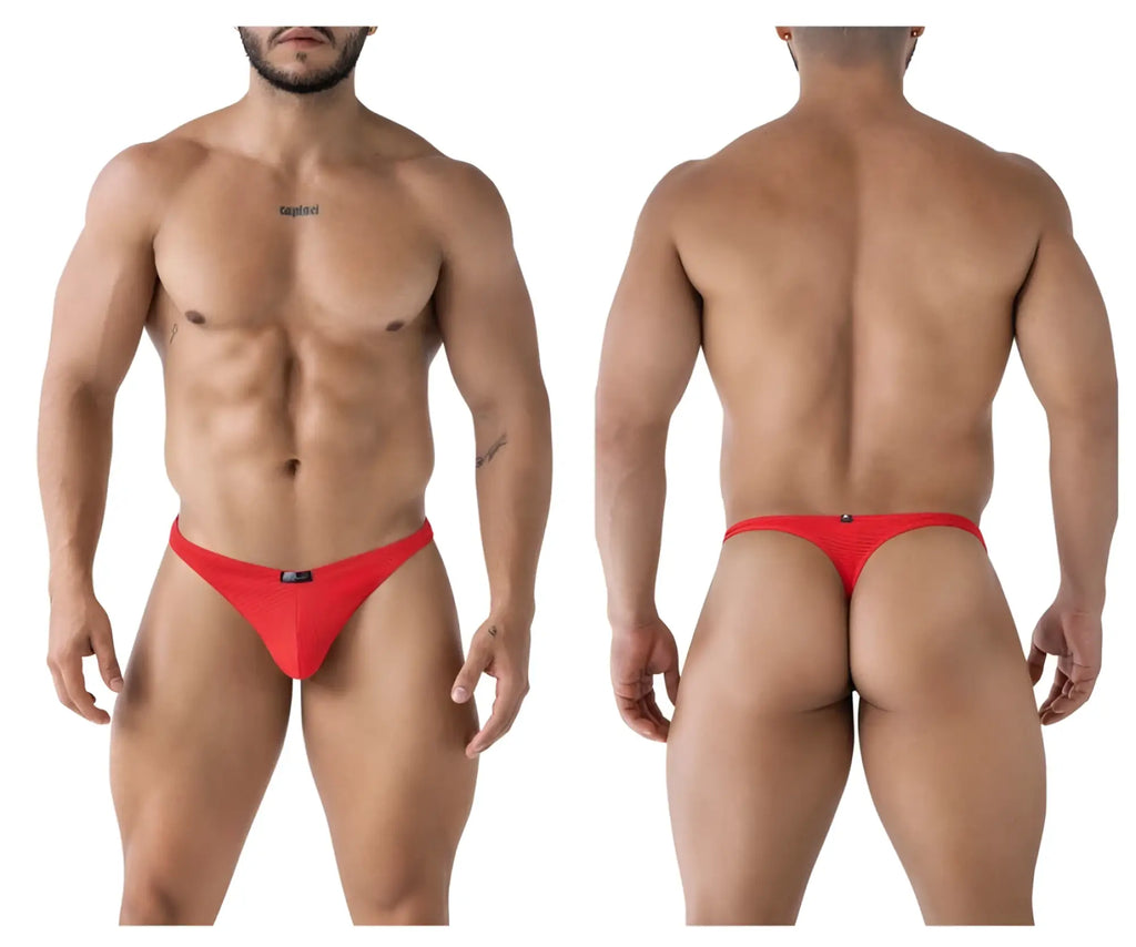 Red xtremen 91223 microfiber thong featuring mesh fabric and a small black logo on the front