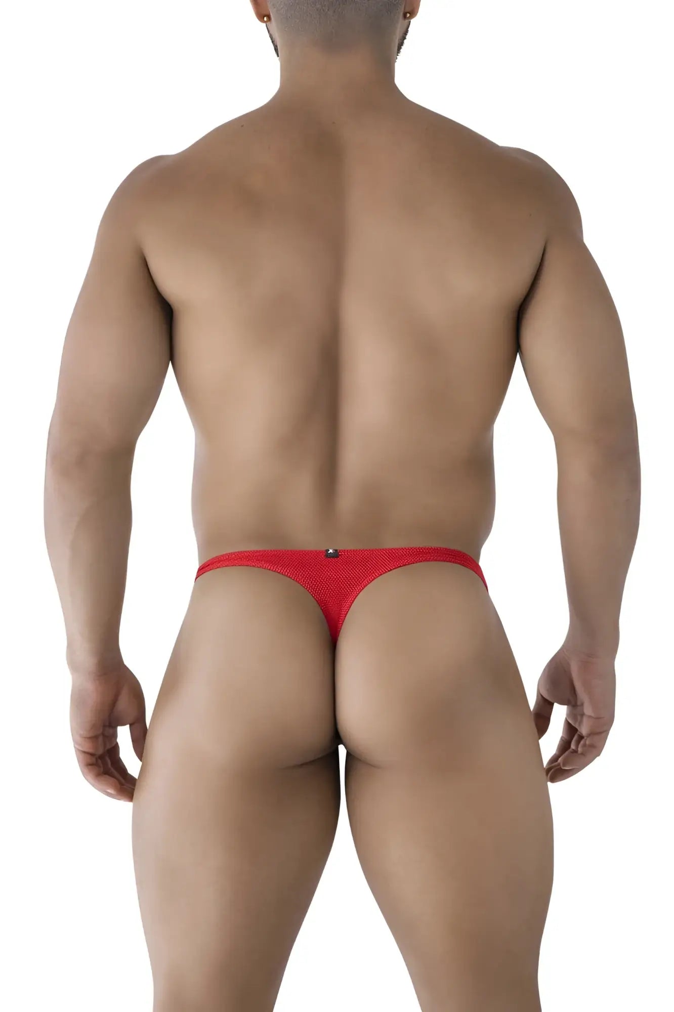 Back side of red xtremen 91223 microfiber thong with red mesh and small metallic clasp detail