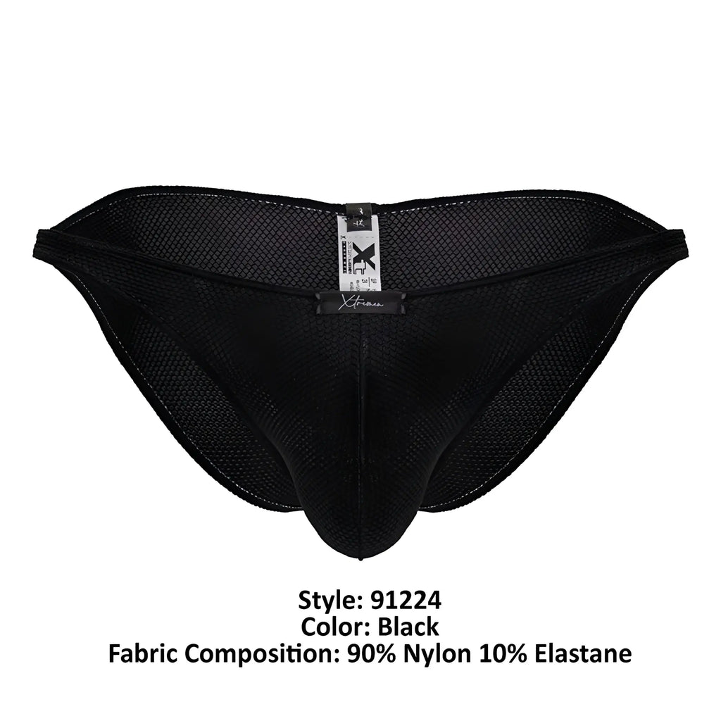 Xtremen 91224 microfiber bikini briefs in black with black mesh fabric made of 90 nylon 10 elastane and reinforced stitching