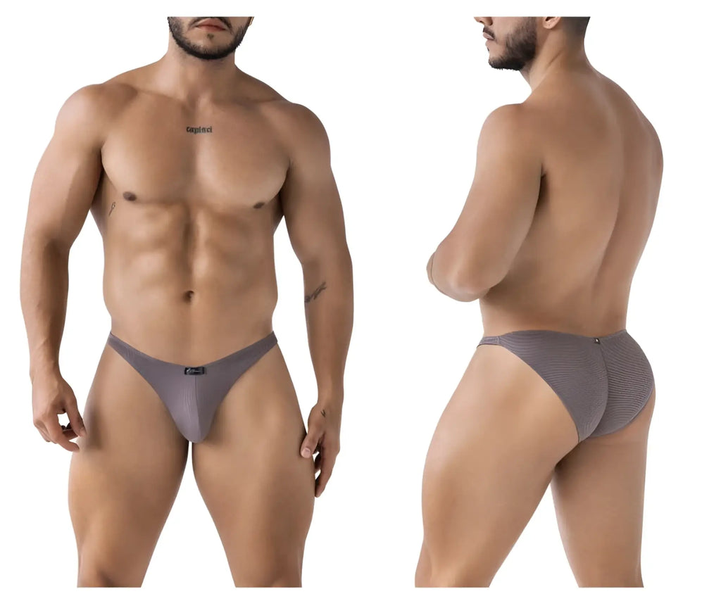 Gray xtremen 91224 microfiber bikini briefs with textured mesh fabric subtle pattern and small brand logo on front