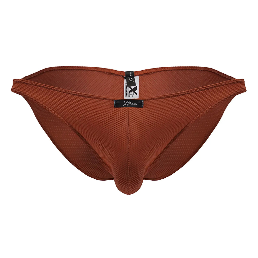 Brown textured mesh briefs in red microfiber bikini style with black and white xtremen brand tag on the back