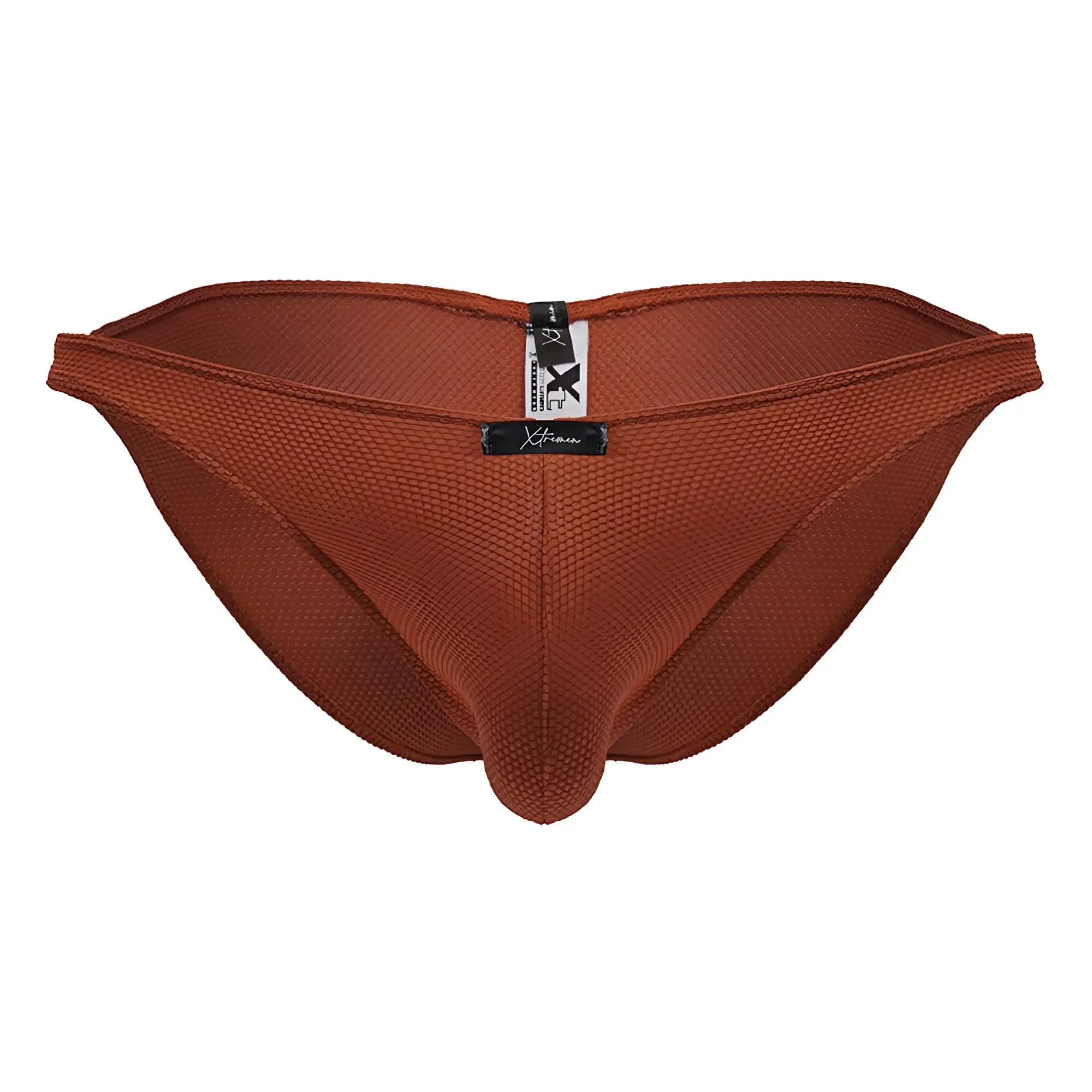 Brown textured mesh briefs in red microfiber bikini style with black and white xtremen brand tag on the back