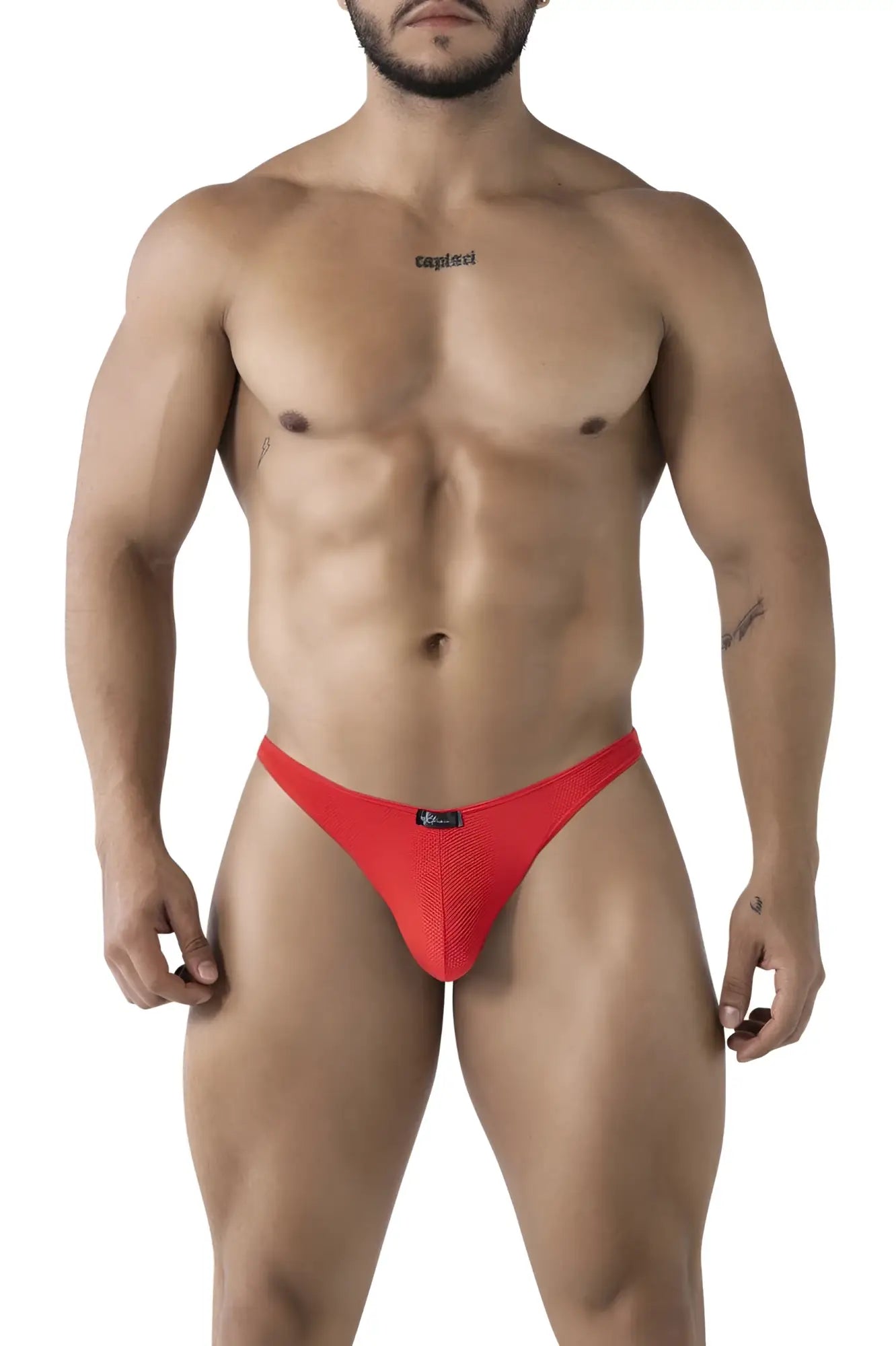 Red xtremen 91224 microfiber bikini briefs with a small black logo on the front made of breathable mesh fabric