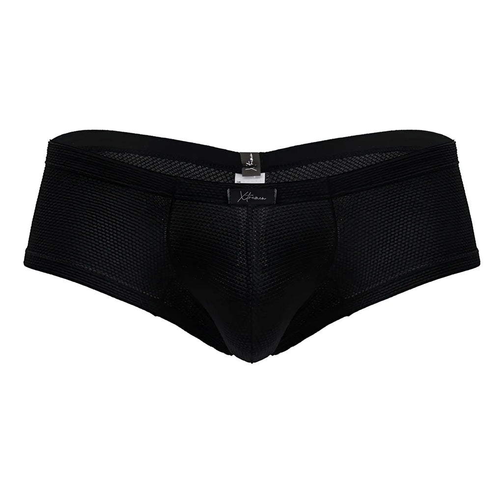 Black xtremen 91225 microfiber trunks with sleek form-fitting black mesh briefs and subtle waistband branding