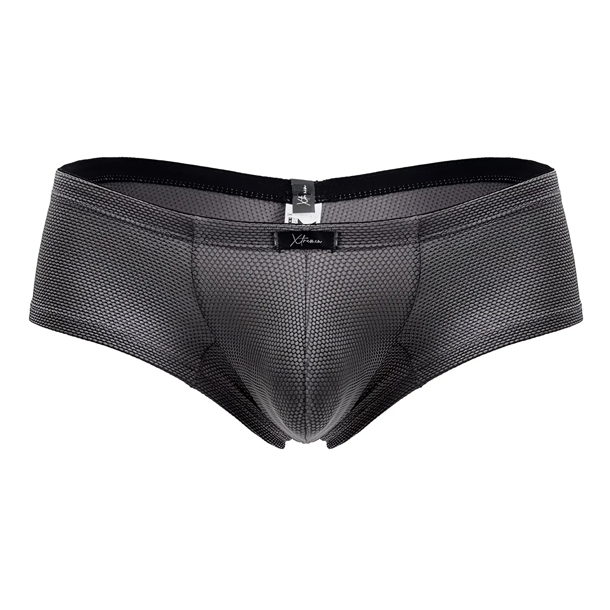 Gray xtremen 91225 microfiber trunks for men featuring gray mesh fabric and a black elastic waistband with brand tag