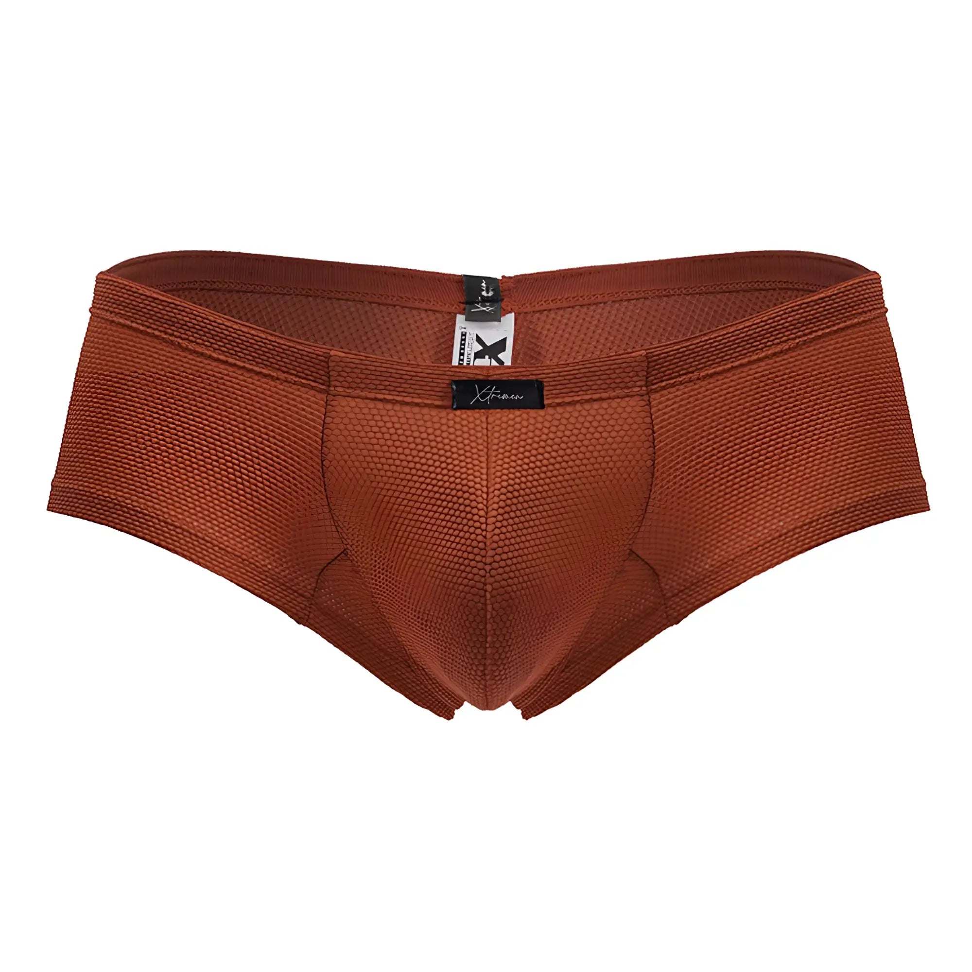 Xtremen 91225 red microfiber mesh briefs with rust color and black brand tag at the waistband