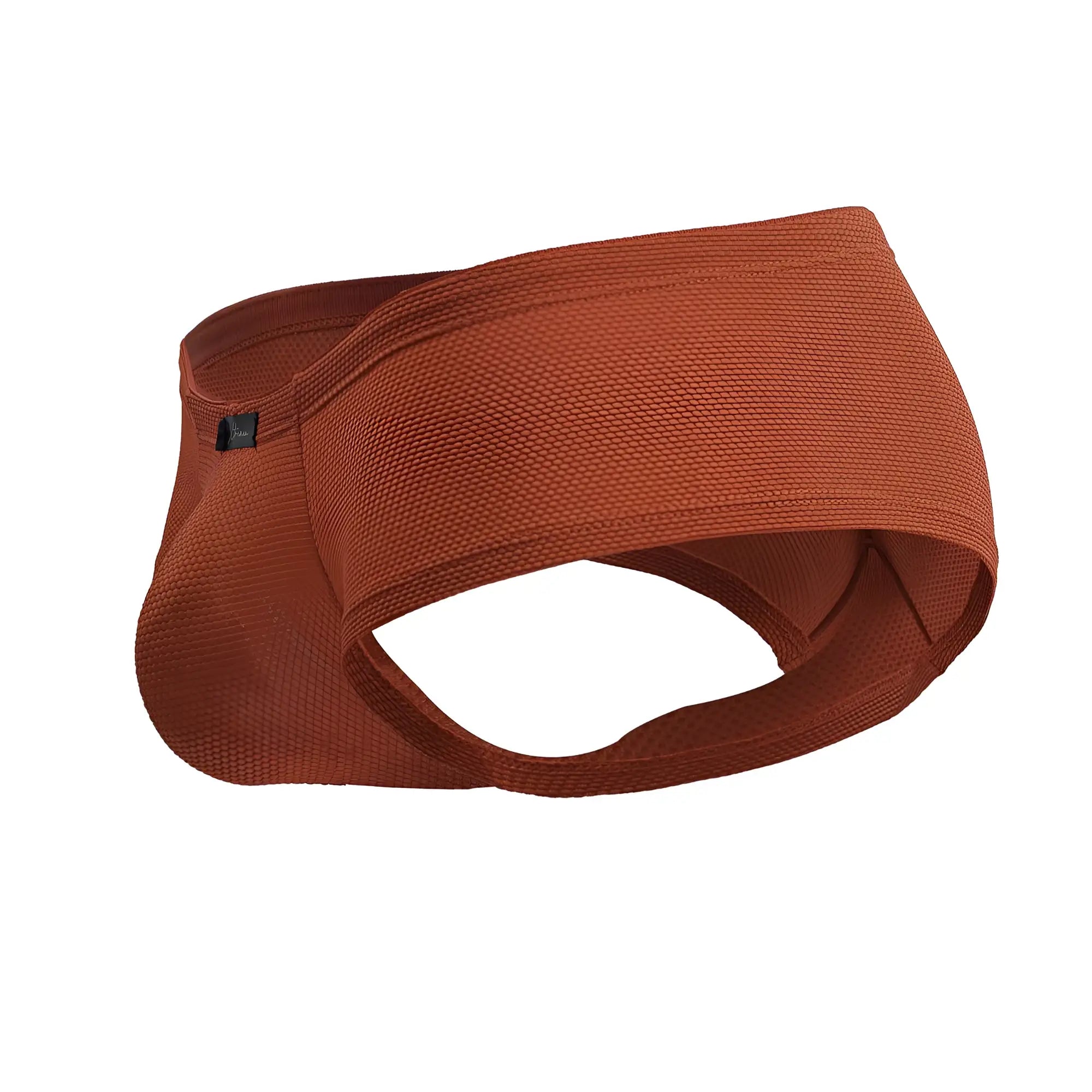 A rust-colored textured fabric headband with elasticated edges providing a snug fit for active use
