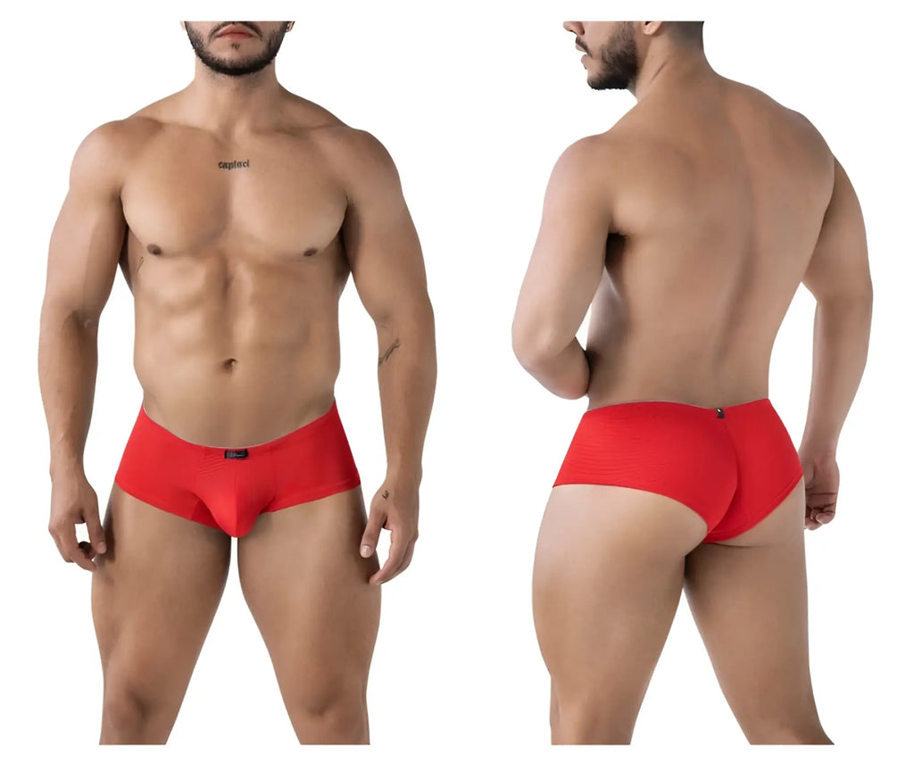 Red textured men’s microfiber briefs with a snug fit and black brand tag on the waistband xtremen 91225 trunks