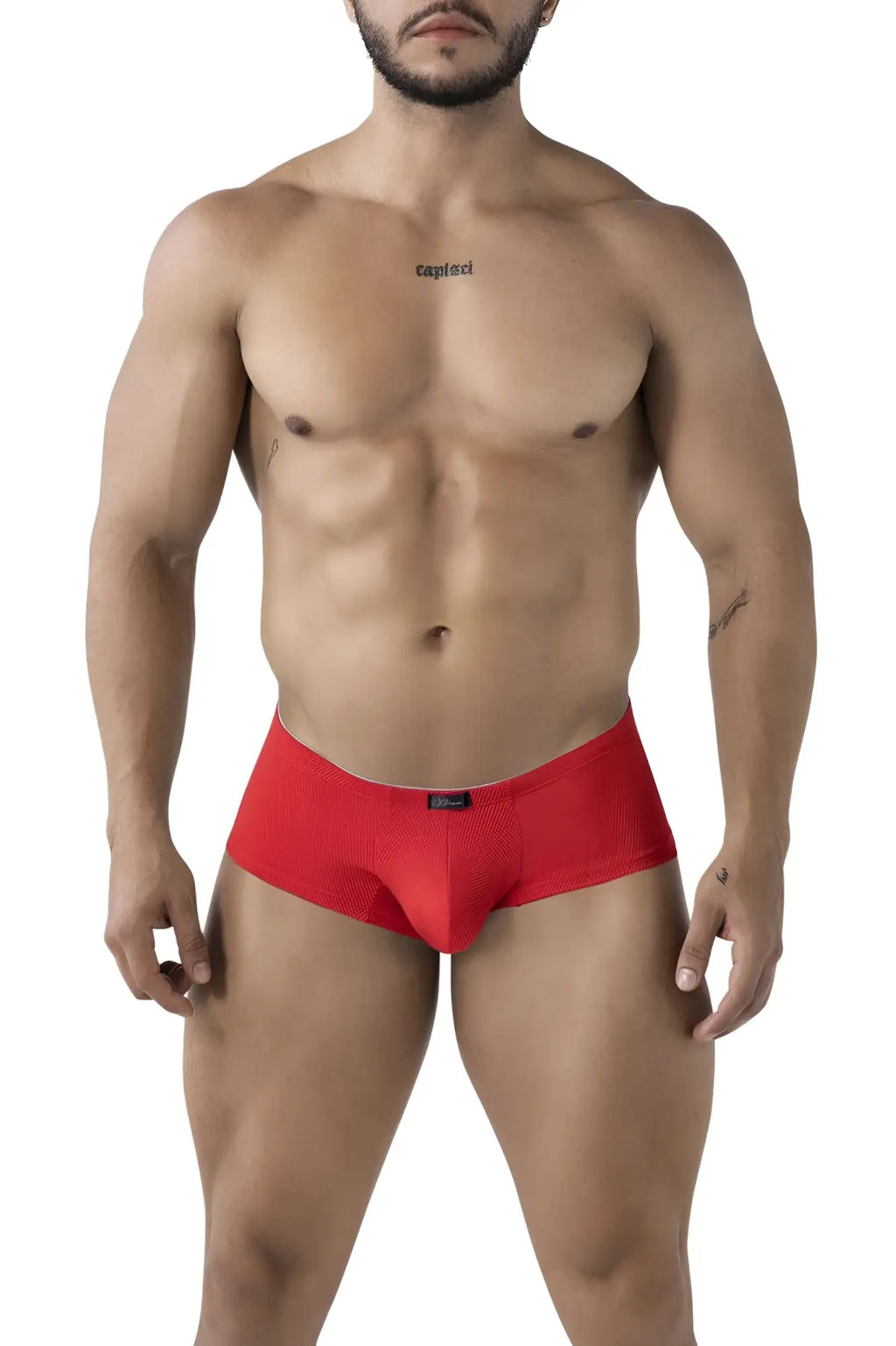 Red textured xtremen 91225 microfiber men’s briefs with subtle pattern and small brand tag at the waistband