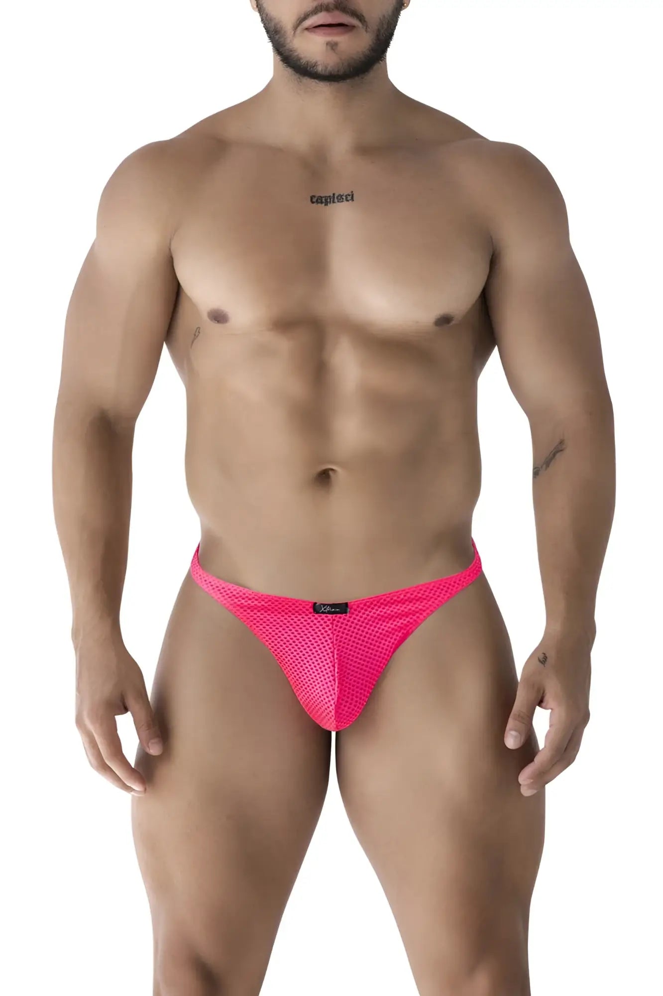 Xtremen 91226 microfiber thongs in fuchsia featuring bright pink mesh briefs with a snug form-fitting design