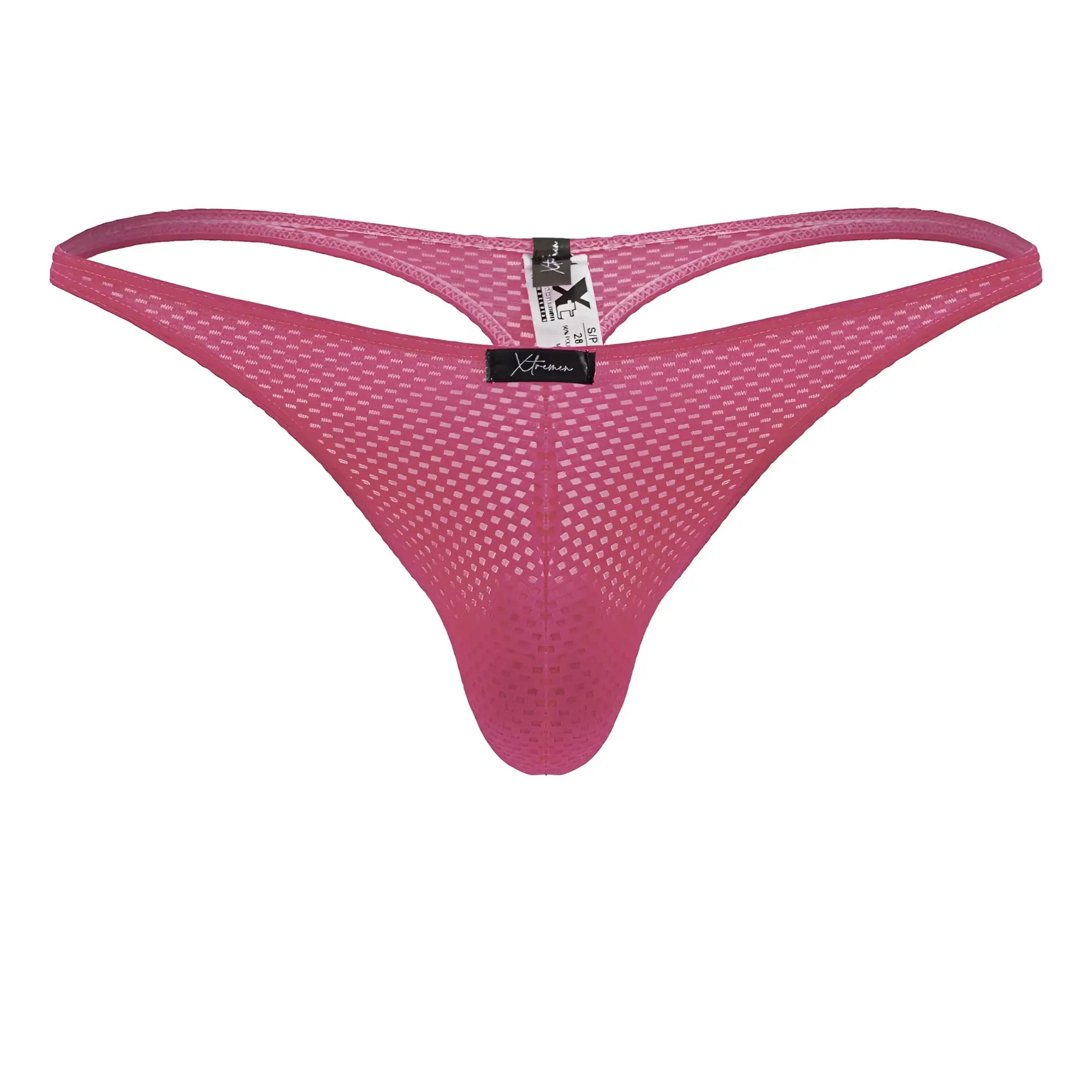 A vibrant fuchsia Xtremen 91226 microfiber thong with a supportive contoured back and branded tag visible