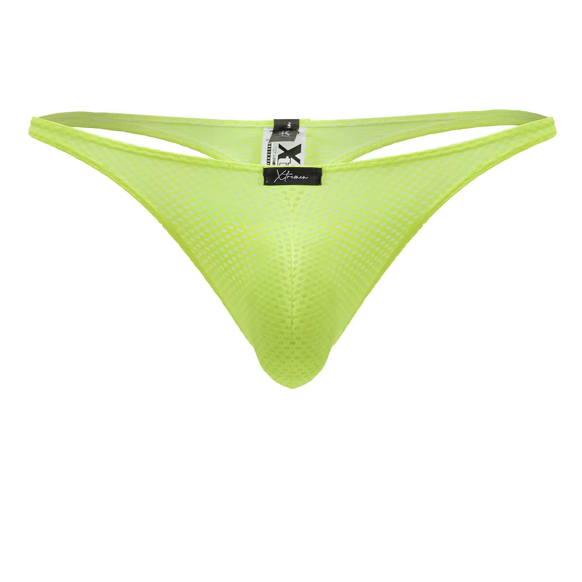 Bright neon green microfiber mesh thong with black Xtremen brand tag shown from the back side