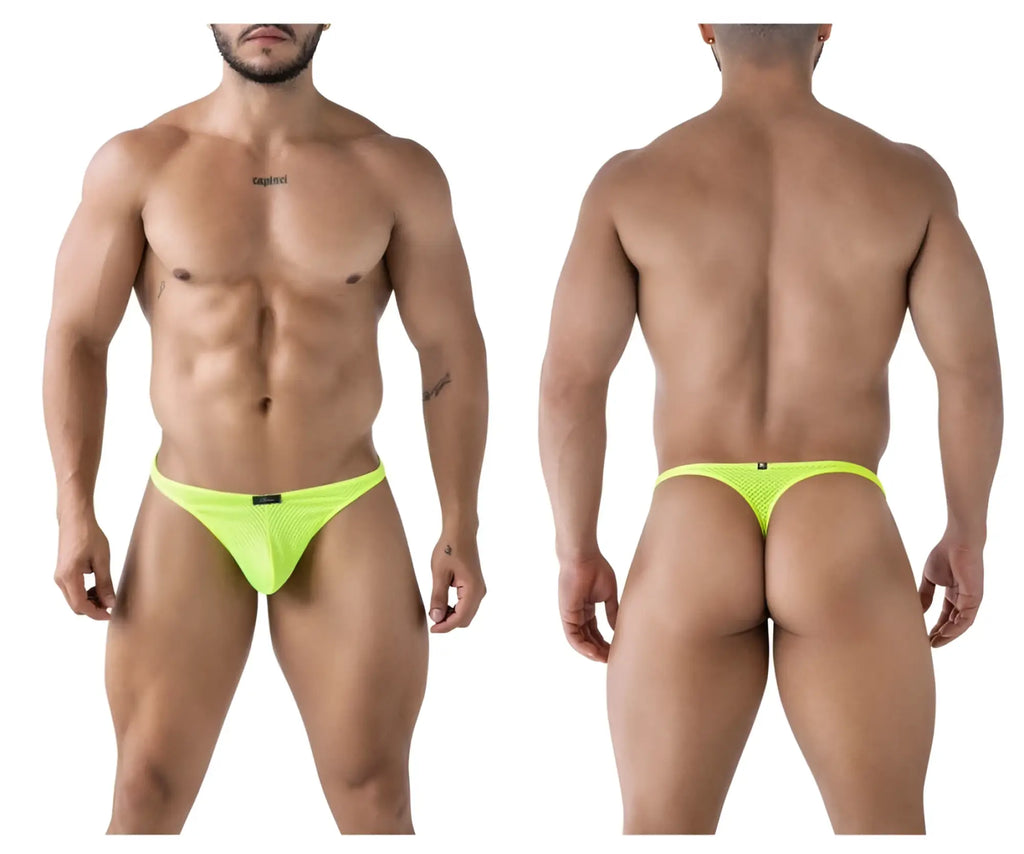Bright neon green xtremen 91226 microfiber thong with mesh fabric and small black brand tag at the front