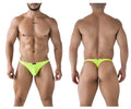 Bright neon green xtremen 91226 microfiber thong with mesh fabric and small black brand tag at the front