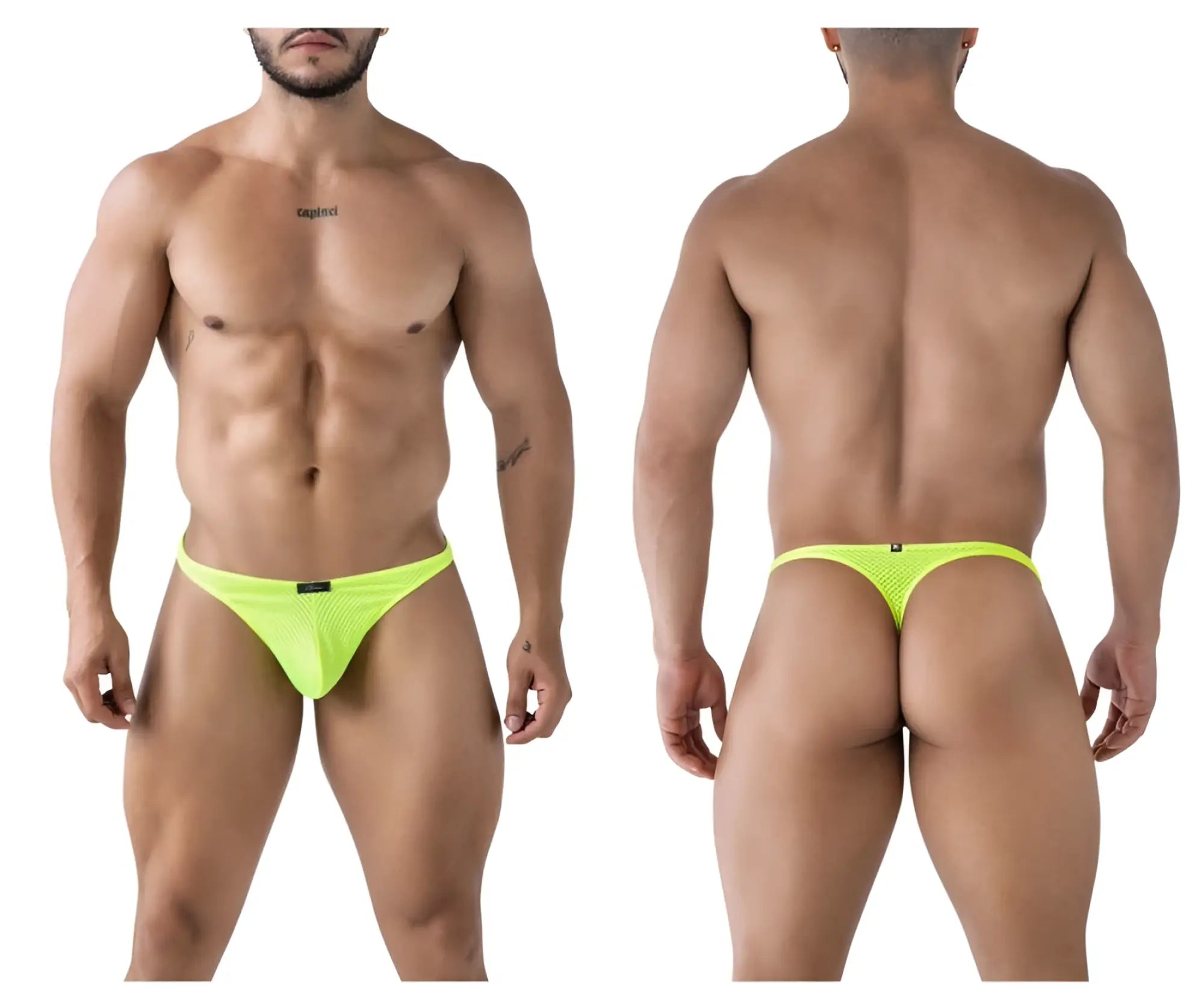 Bright neon green xtremen 91226 microfiber thong with mesh fabric and small black brand tag at the front