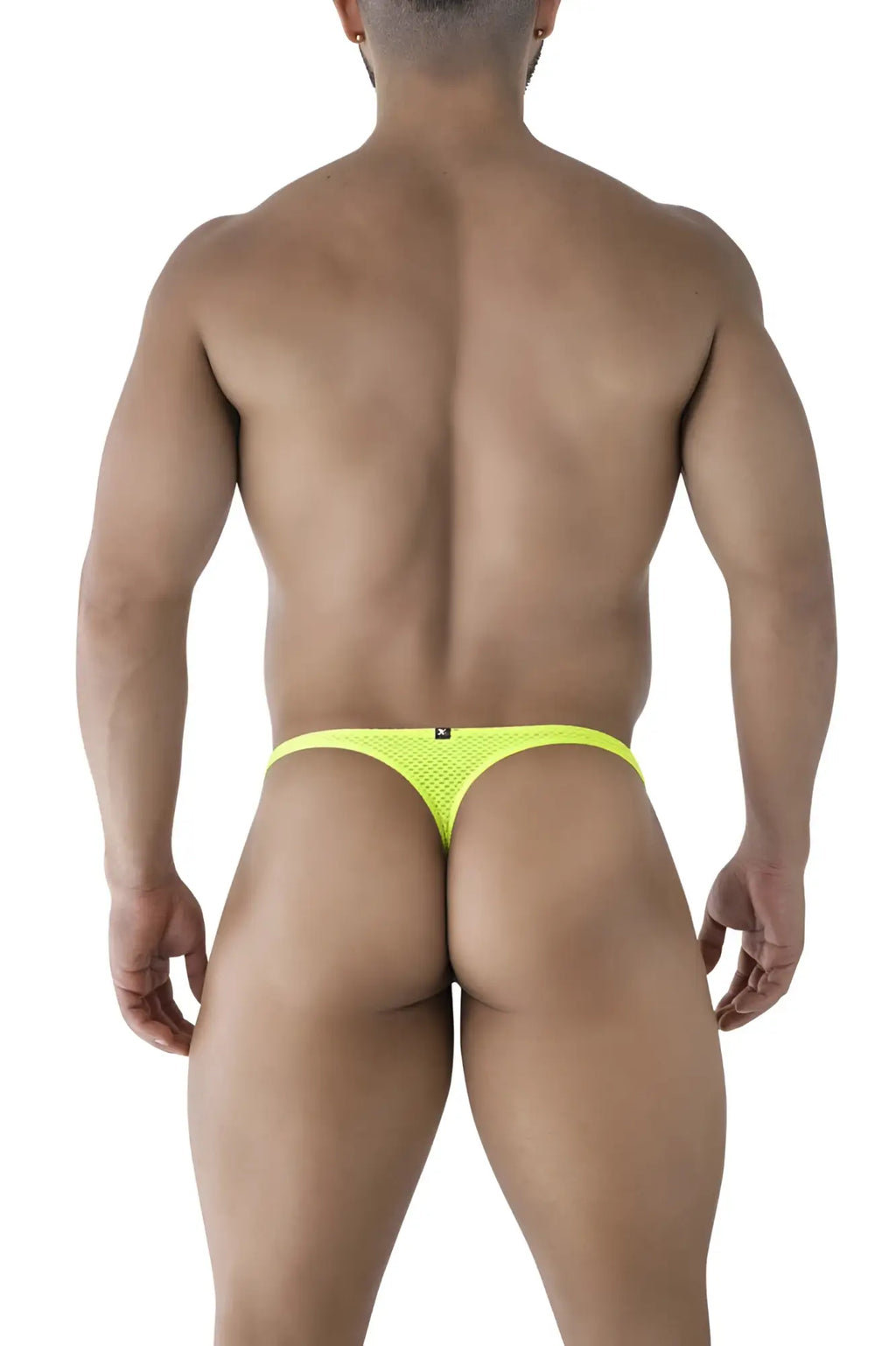 Bright neon yellow microfiber Xtremen 91226 thong back side with subtle black logo on the backband