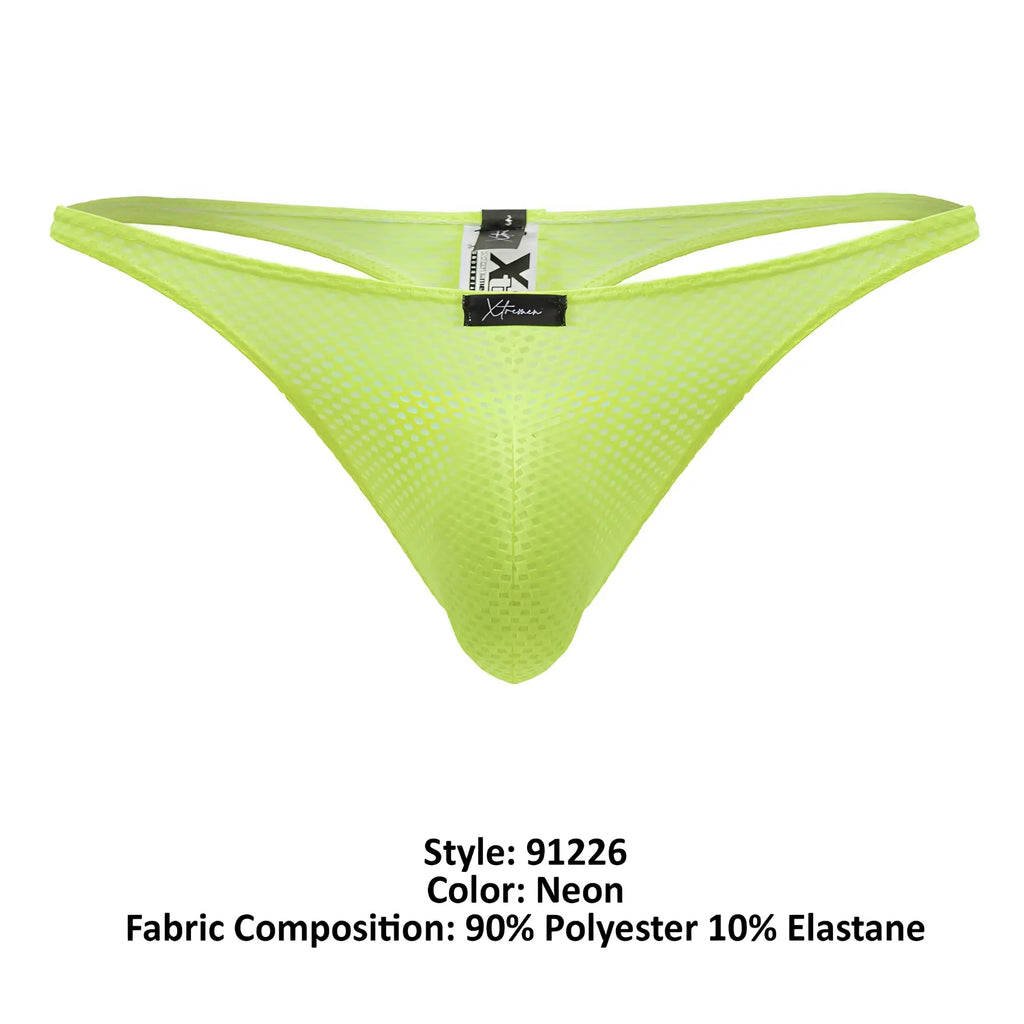 Neon green xtremen 91226 microfiber mesh thong showing back side with black brand tag