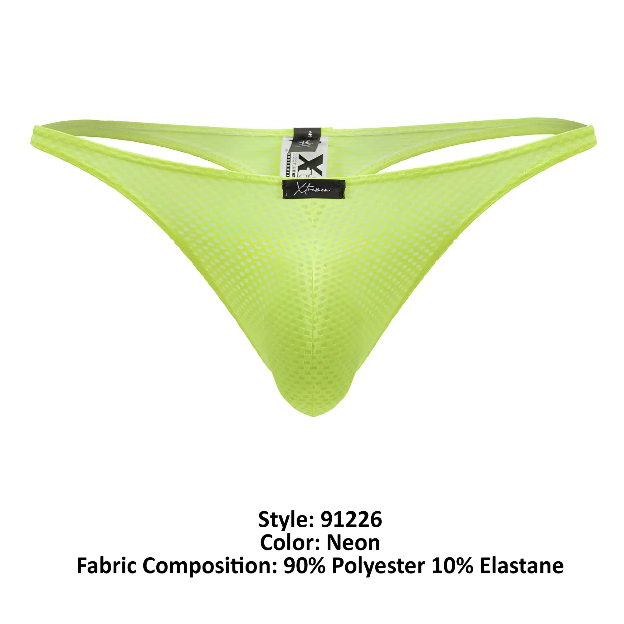 Neon green xtremen 91226 microfiber mesh thong showing back side with black brand tag