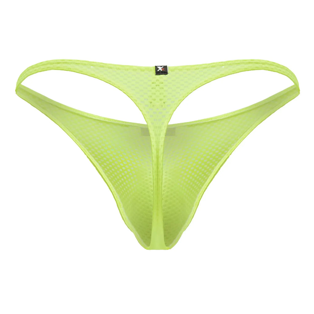 Neon green Xtremen 91226 microfiber mesh thong with thin supportive design and small black brand tag on back side