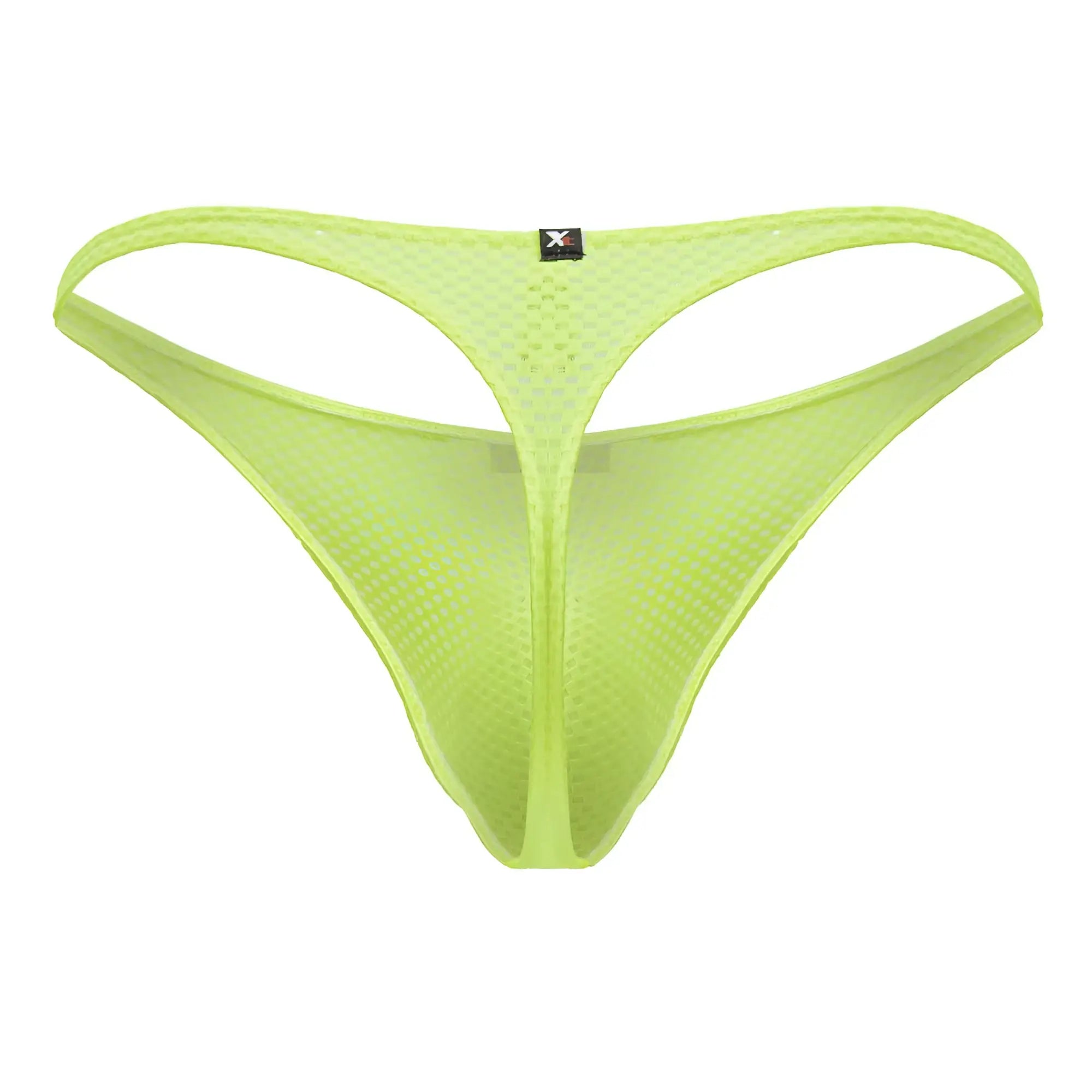 Neon green Xtremen 91226 microfiber mesh thong with thin supportive design and small black brand tag on back side
