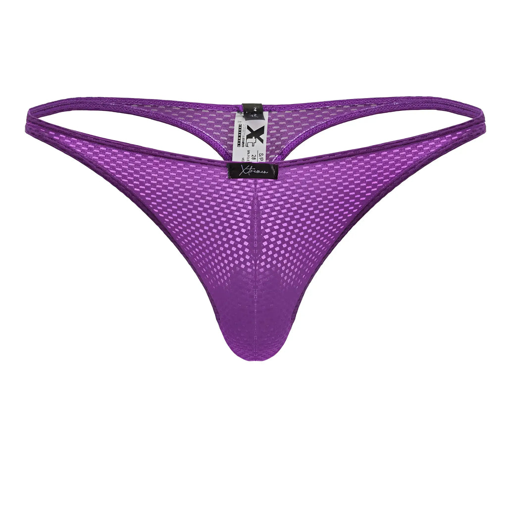 Purple xtremen 91226 microfiber thong with diamond mesh pattern and black brand tag