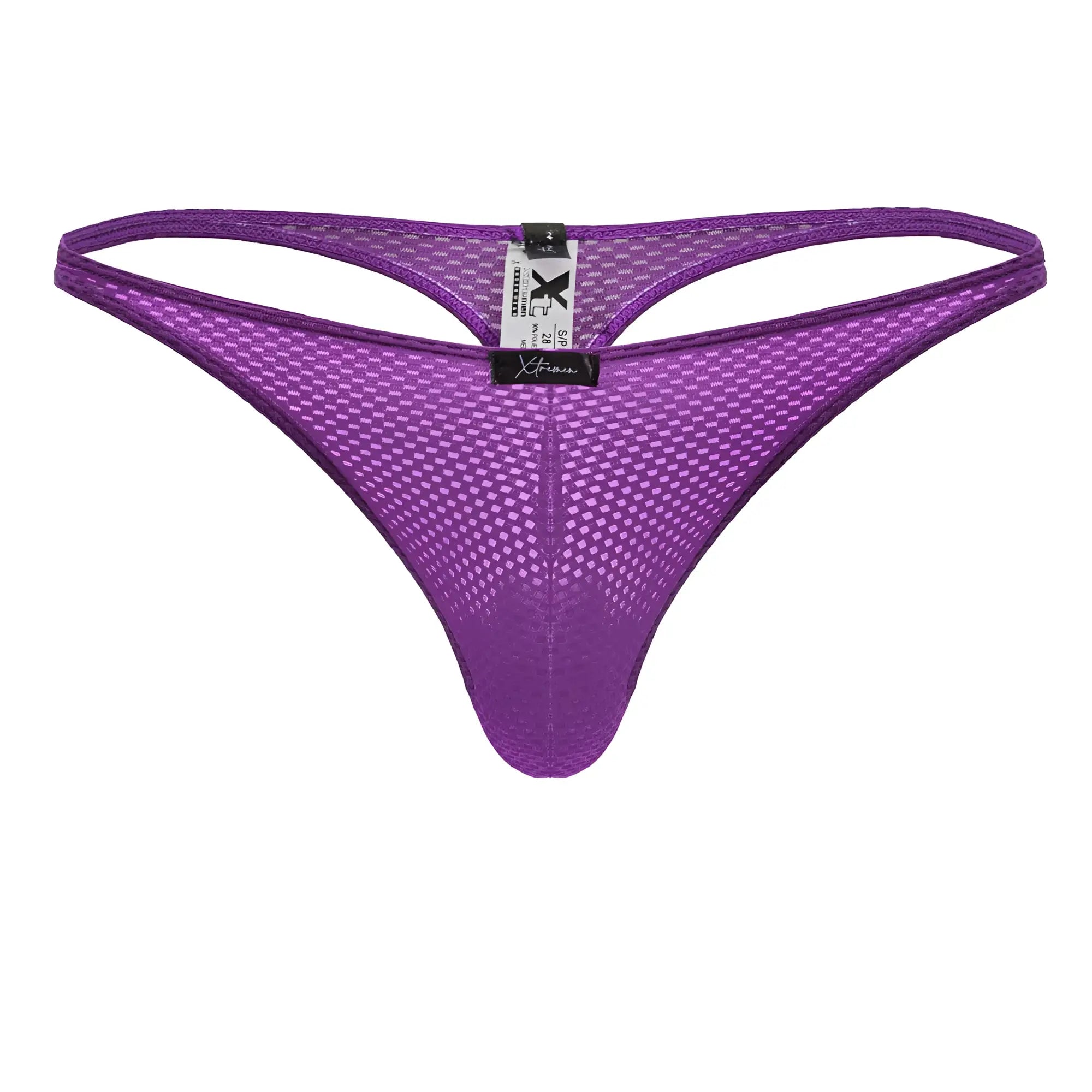 Purple xtremen 91226 microfiber thong with diamond mesh pattern and black brand tag