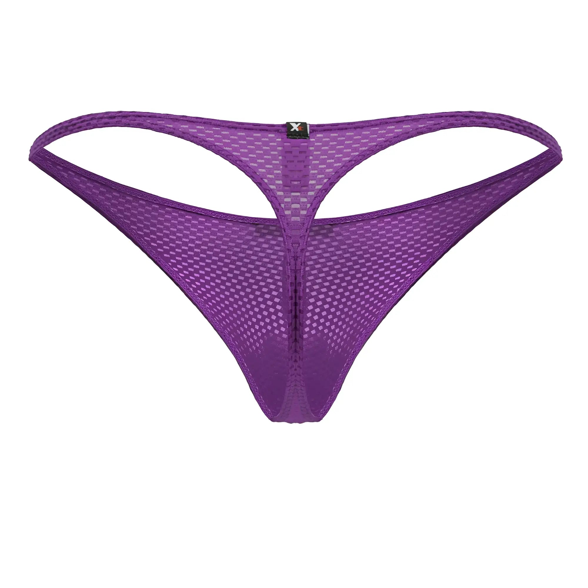 Purple xtremen 91226 microfiber thong with a distinctive grid mesh pattern and thin supportive straps shown from the back