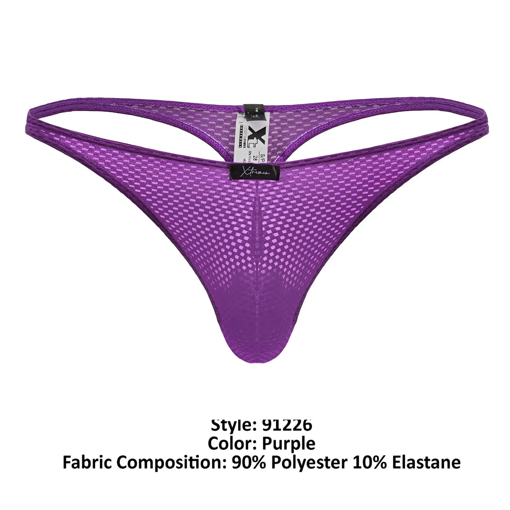 Purple xtremen 91226 microfiber thong with a mesh grid pattern and elastic waistband shown from the back side