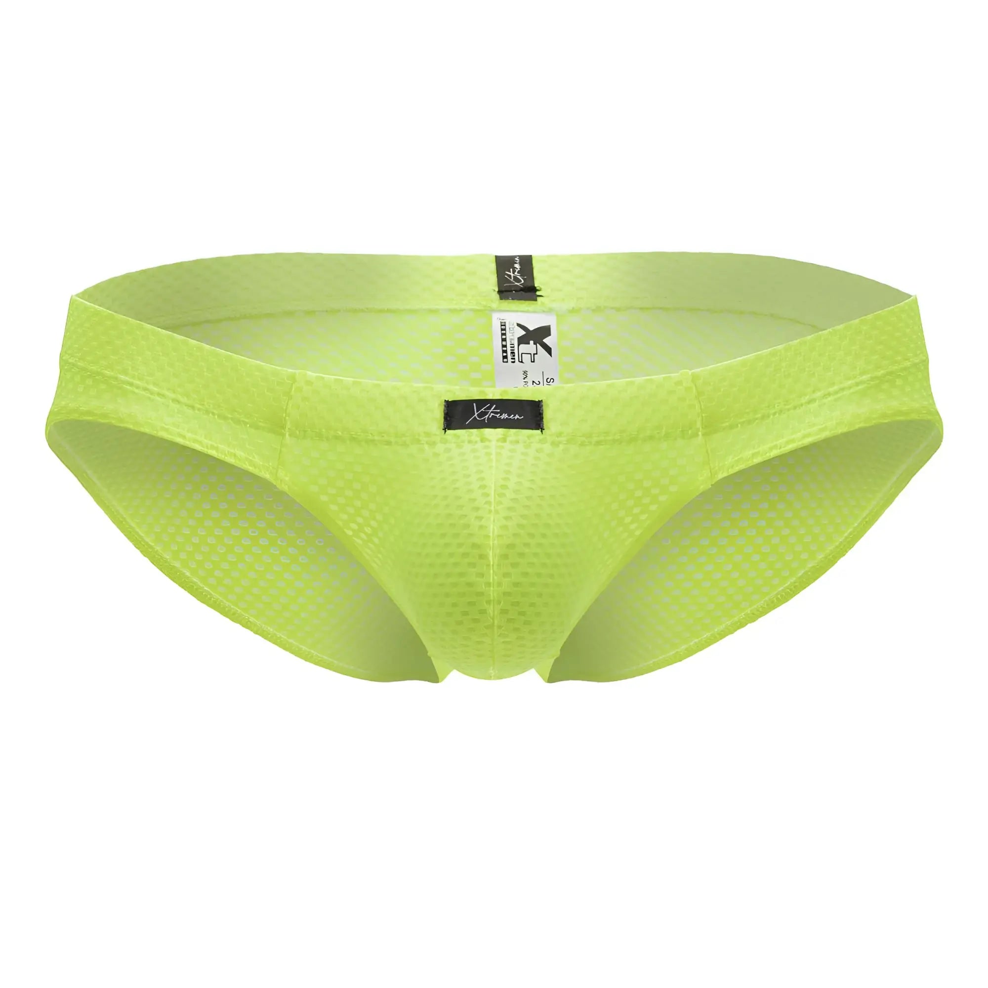 Bright lime green xtremen 91227 microfiber mesh briefs with sleek form-fitting design and black brand tags