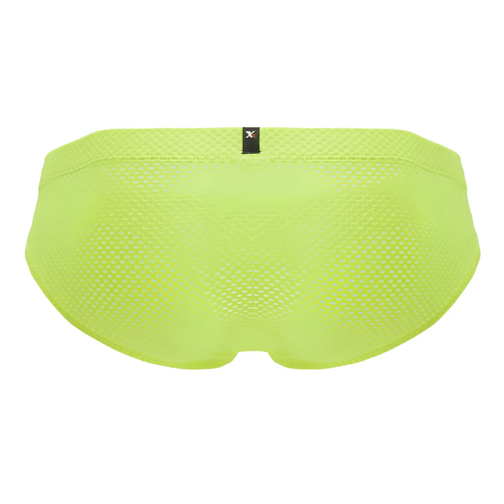 Bright lime green xtremen 91227 microfiber briefs with mesh fabric and black brand tag at the waistband