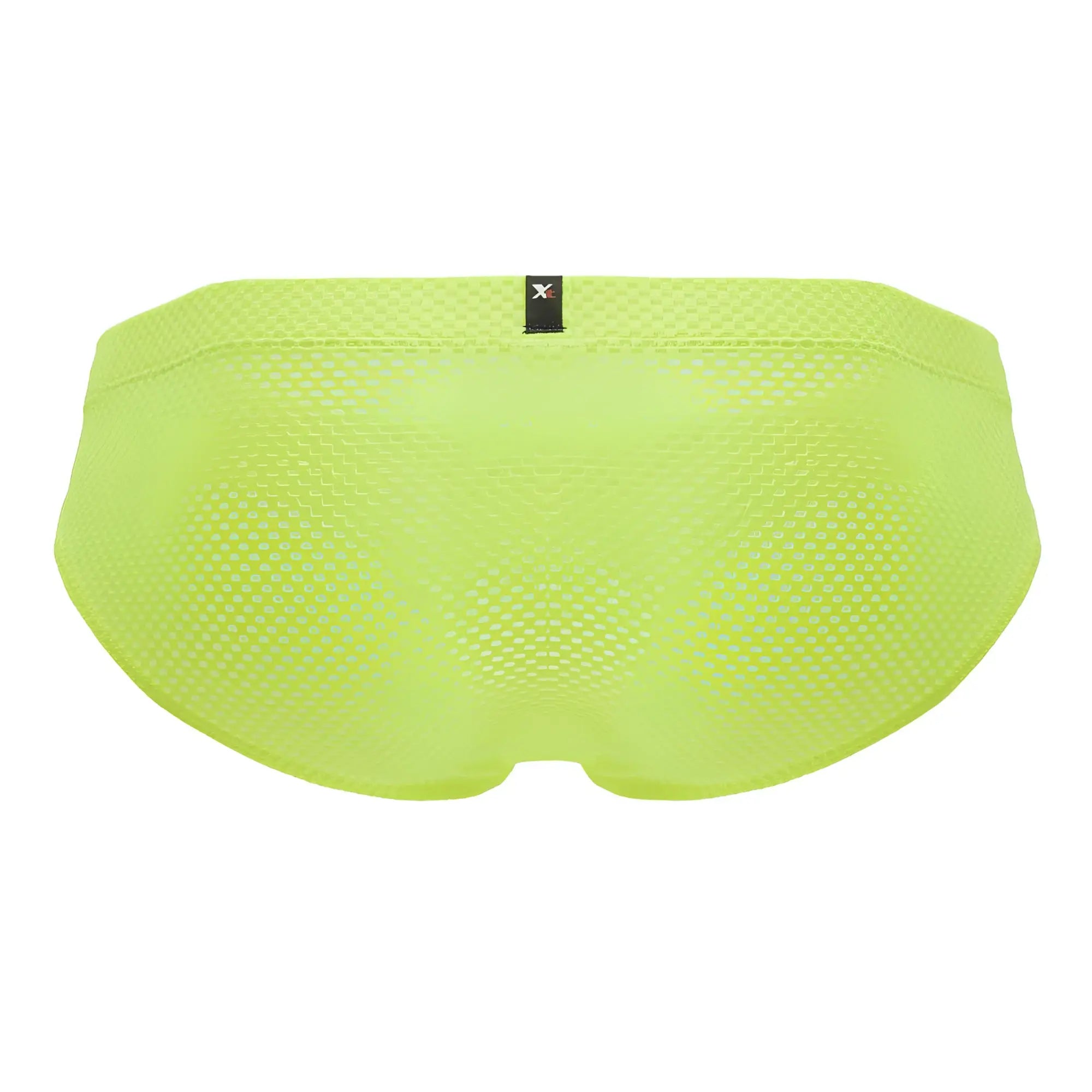 Bright lime green xtremen 91227 microfiber briefs with mesh fabric and black brand tag at the waistband