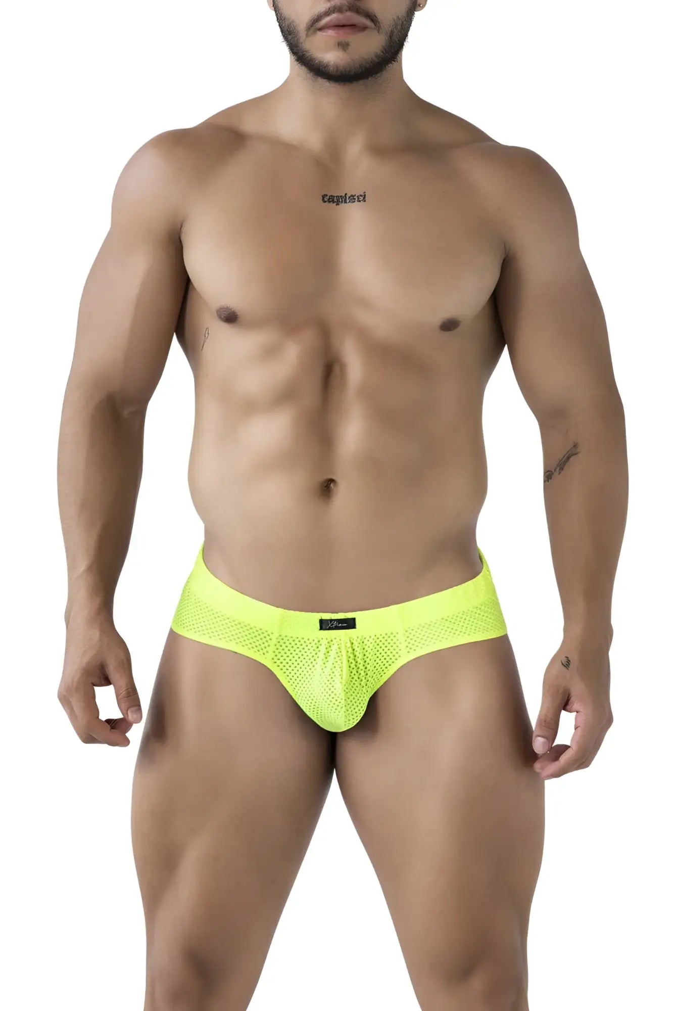 Xtremen 91227 microfiber briefs in bright neon yellow mesh with a black brand tag at the waistband