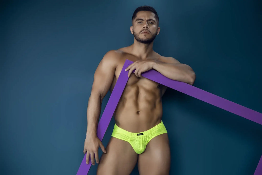 Xtremen 91227 microfiber briefs in neon green featuring bright neon yellow mesh with subtle black logo on front