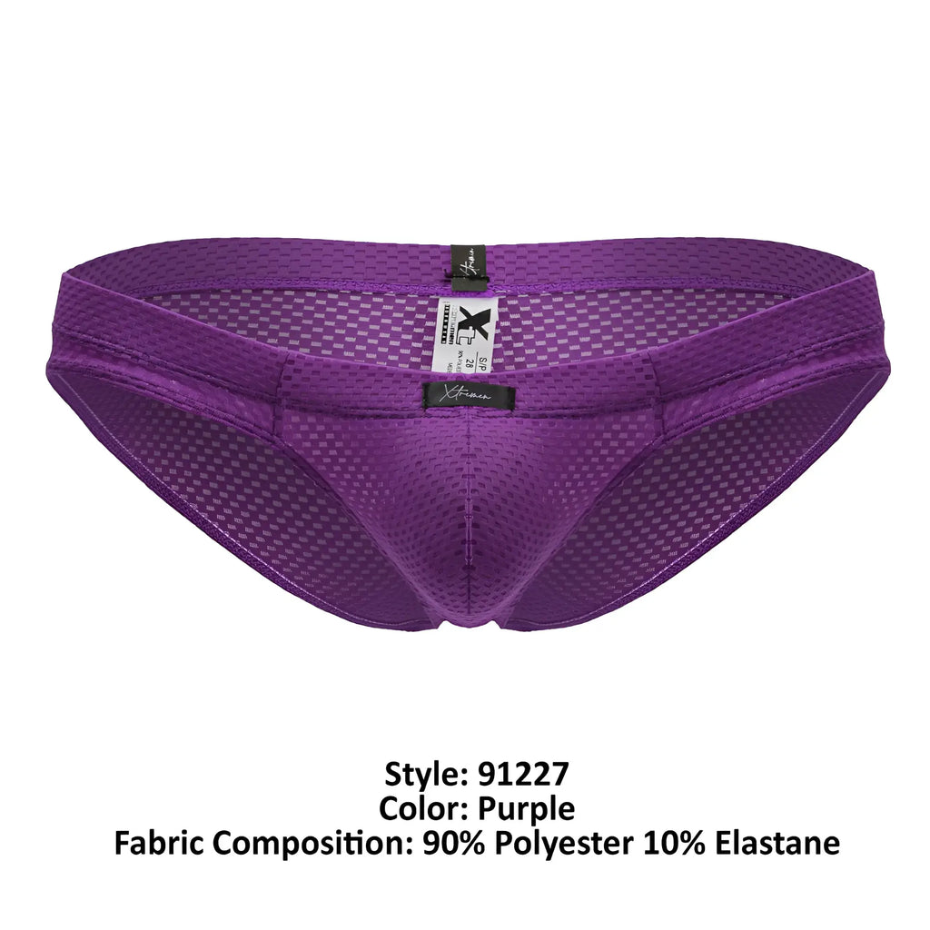 Xtremen 91227 purple microfiber briefs with breathable mesh grid pattern and elastic waistband shown from the back