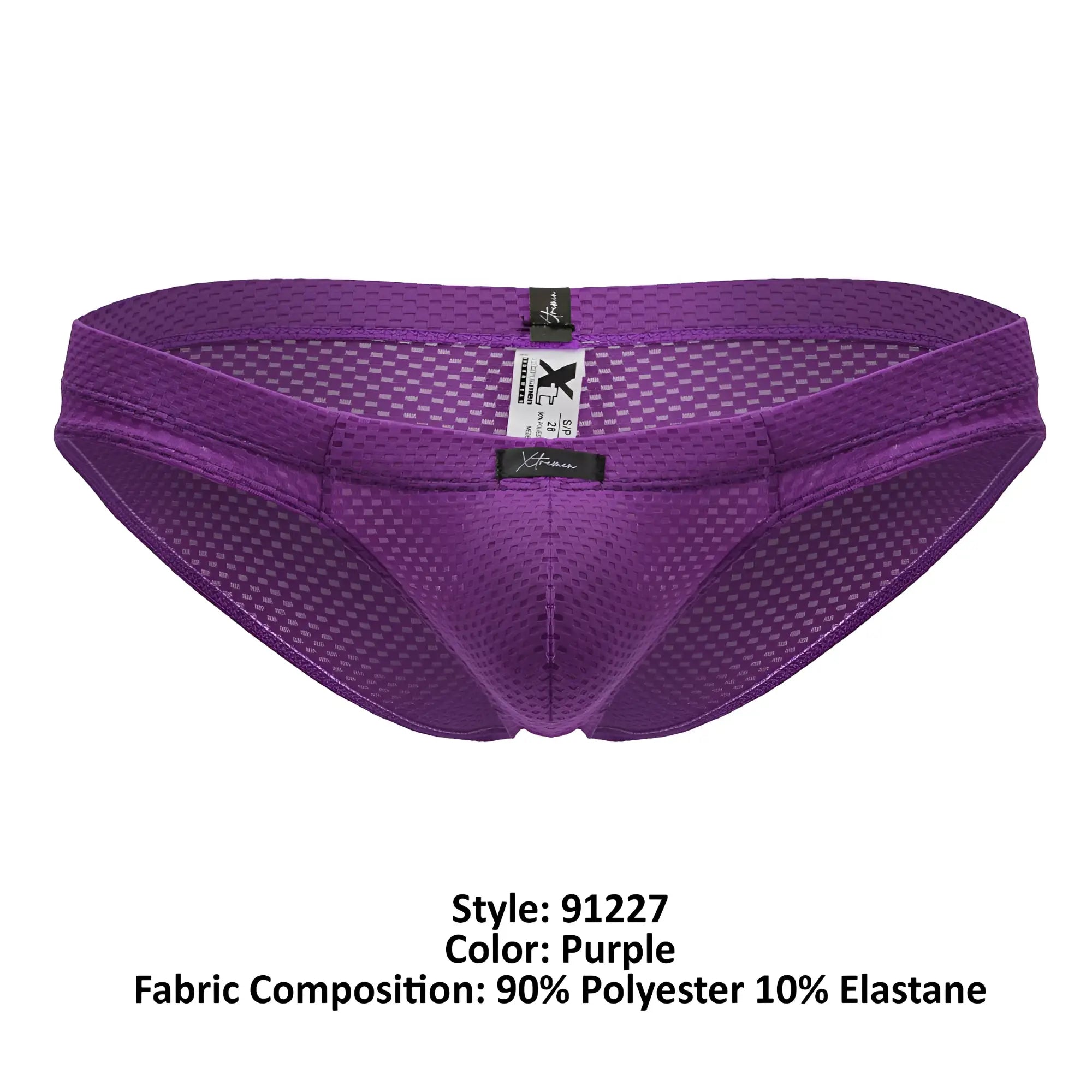 Xtremen 91227 purple microfiber briefs with breathable mesh grid pattern and elastic waistband shown from the back
