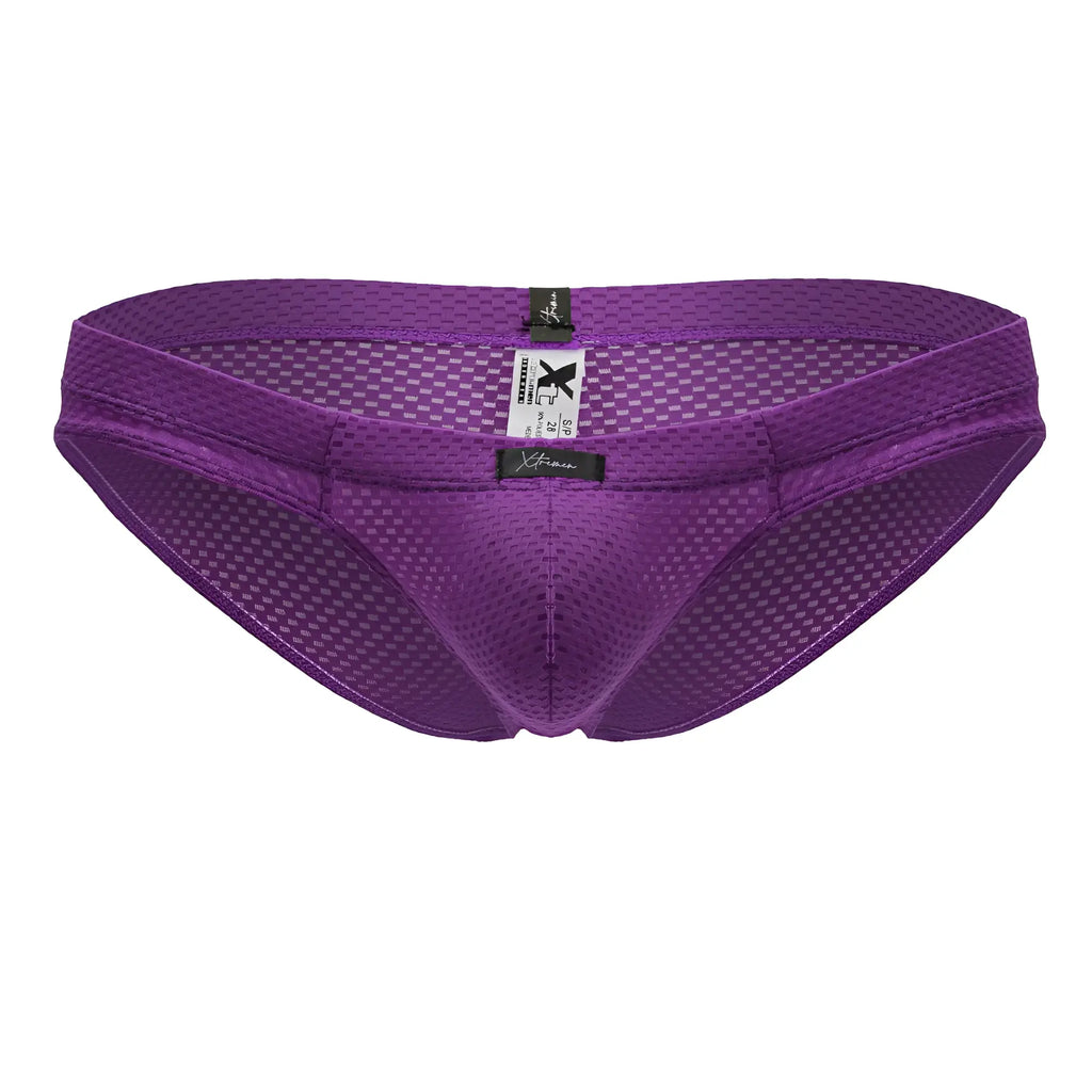 Purple xtremen 91227 microfiber briefs featuring a checkered mesh pattern and black brand tags