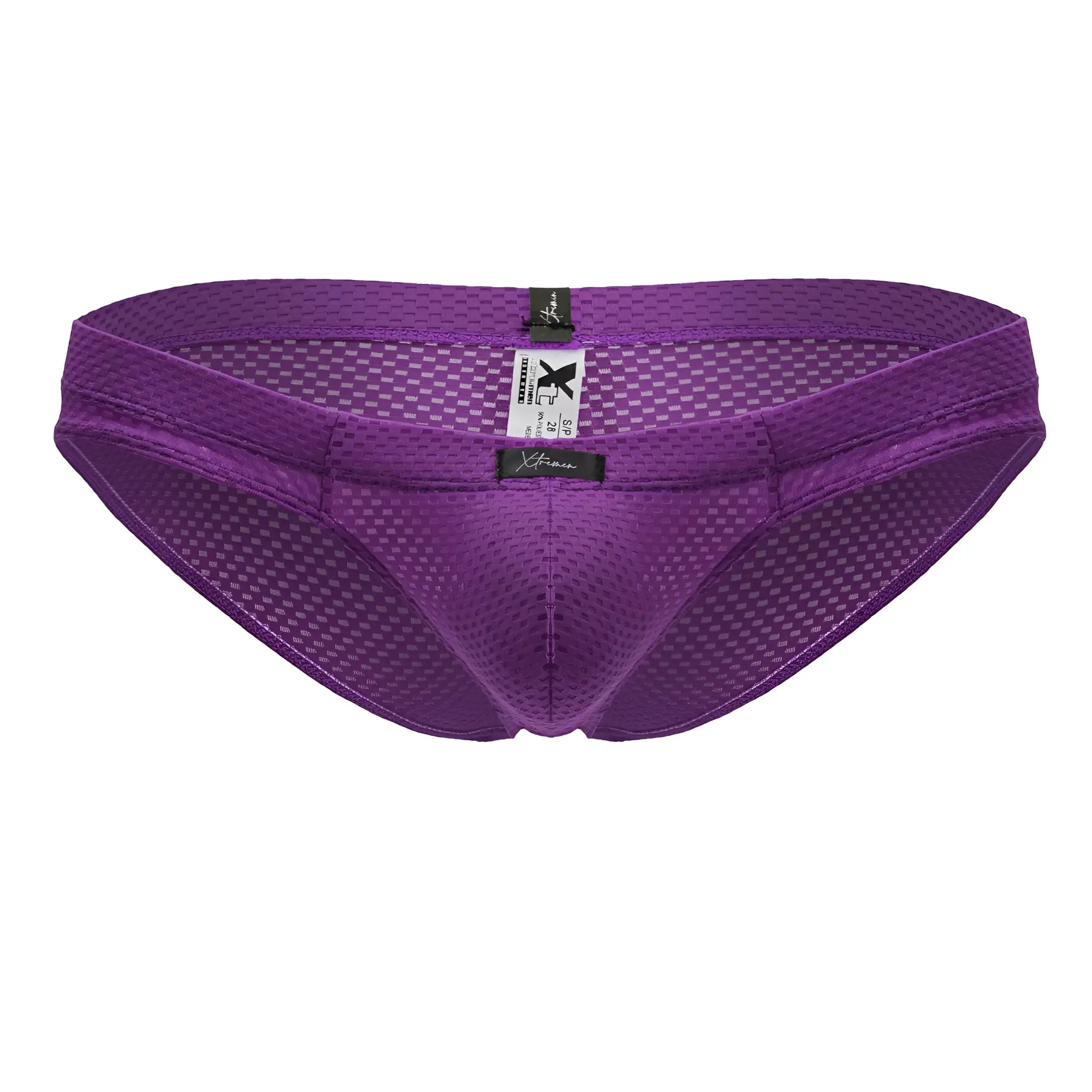 Purple xtremen 91227 microfiber briefs featuring a checkered mesh pattern and black brand tags