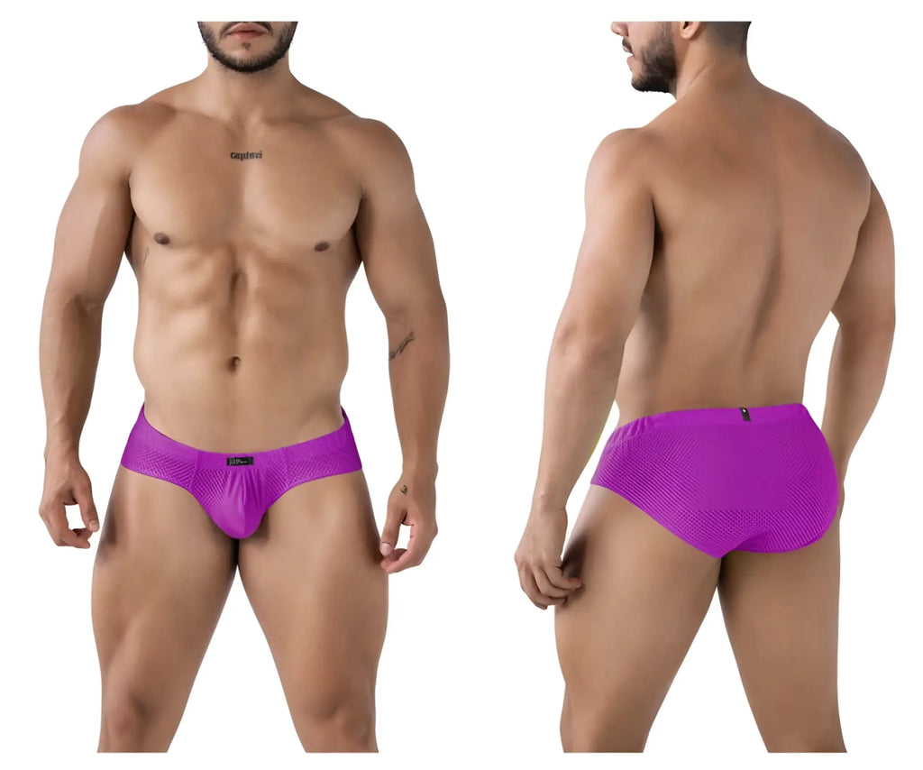 Xtremen 91227 microfiber briefs in vibrant purple mesh with a snug, form-fitting design and black brand tag at waistband
