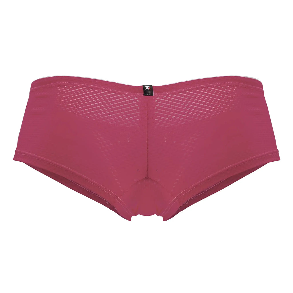 A pair of fuchsia xtremen 91228 microfiber mesh briefs with diamond texture and black brand tag on the back waistband