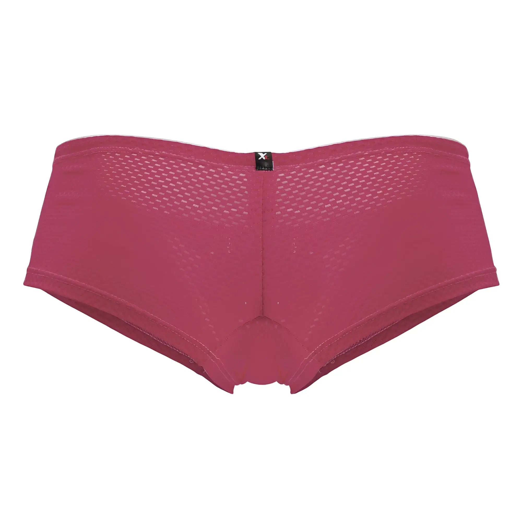 A pair of fuchsia xtremen 91228 microfiber mesh briefs with diamond texture and black brand tag on the back waistband