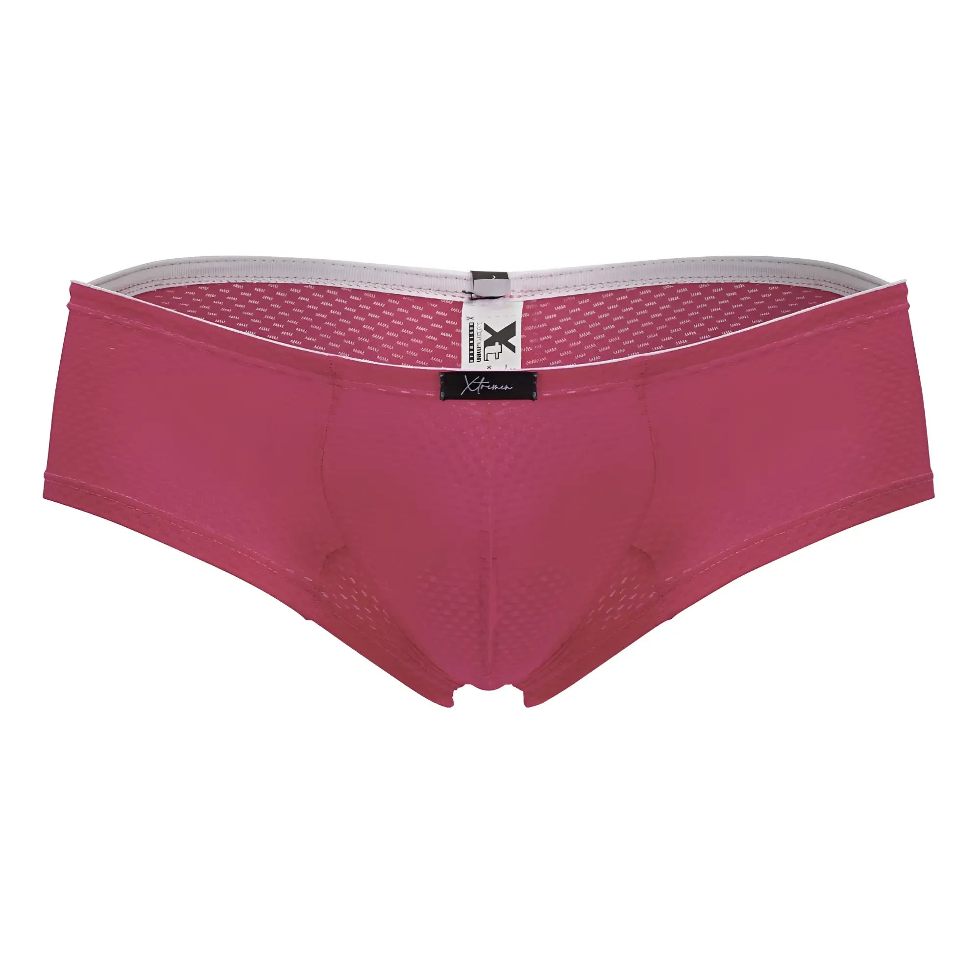 Xtremen 91228 microfiber trunks in fuchsia with pink mesh briefs, white waistband, and black brand tag