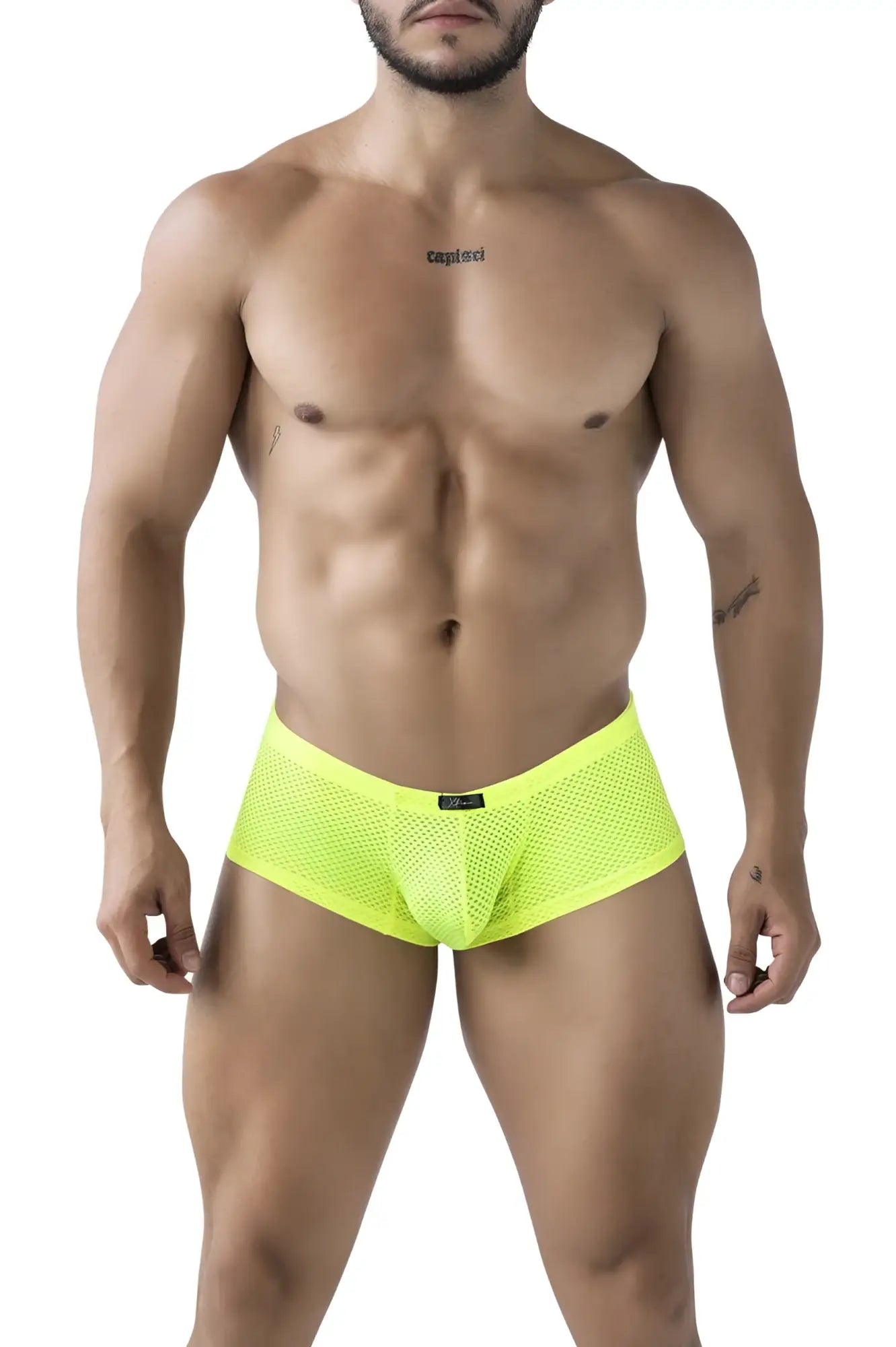 Xtremen 91228 microfiber trunks in neon green featuring bright neon yellow mesh briefs with a sleek form-fitting design