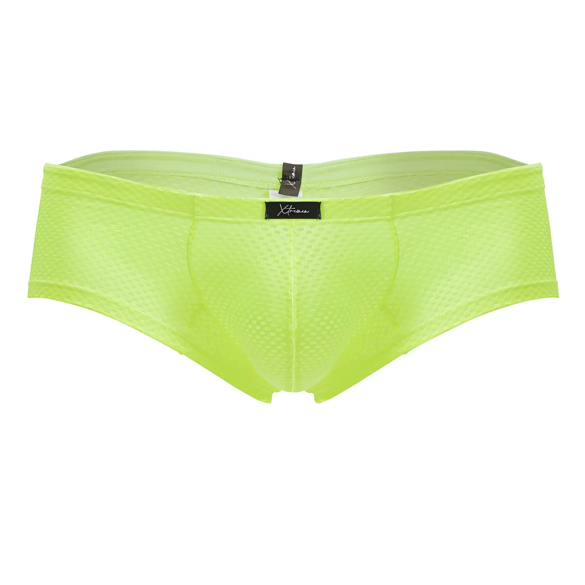 Xtremen 91228 microfiber trunks neon green lime briefs with sleek mesh design and black brand tag at waistband