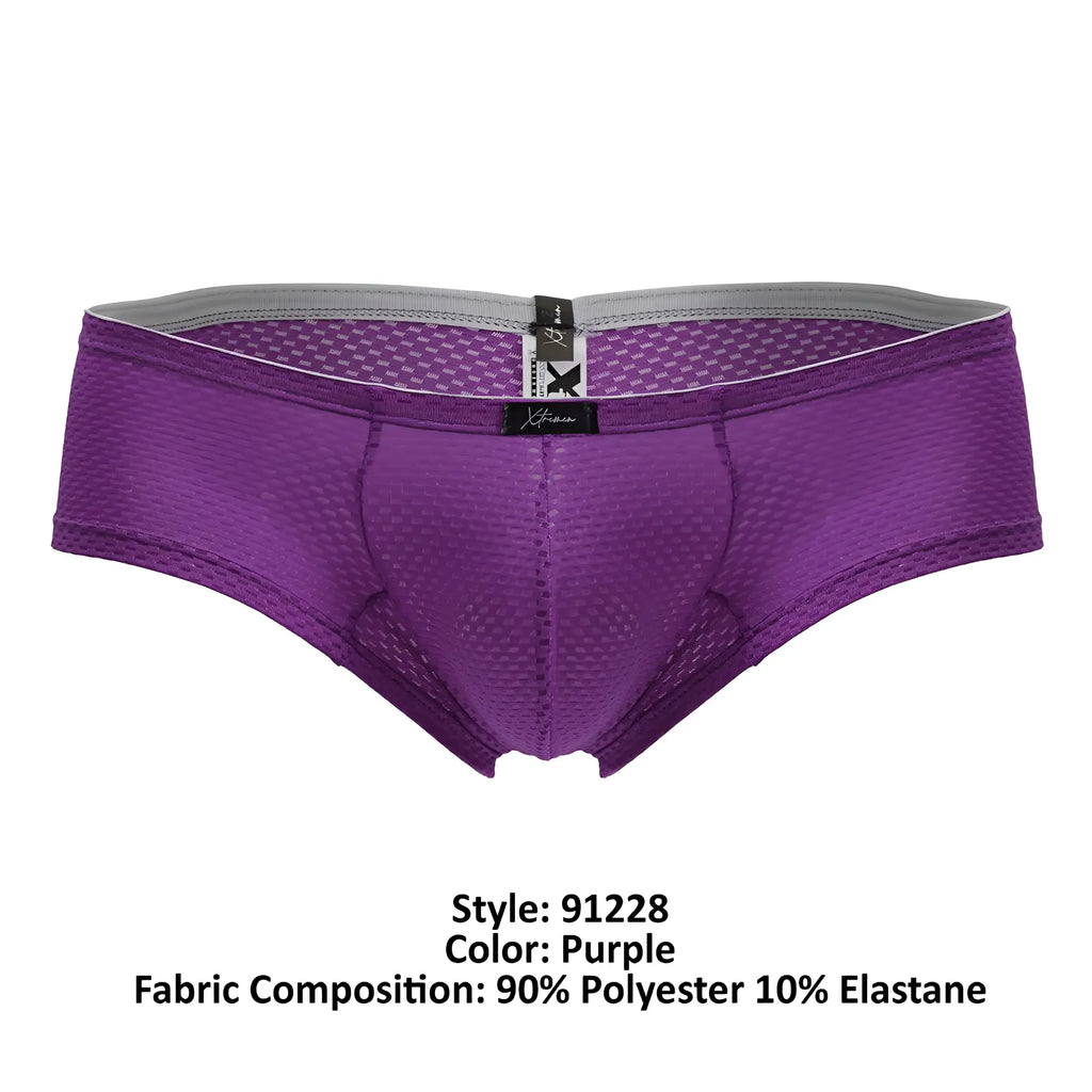 Purple xtremen 91228 microfiber trunks with mesh briefs gray waistband and black brand tag front view